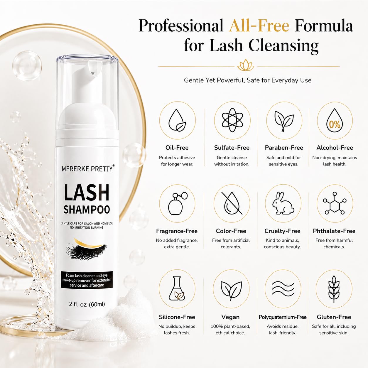 Oil free lash foam shampoo bottle highlighting the sulfate free and paraben free formula labels on the front packaging