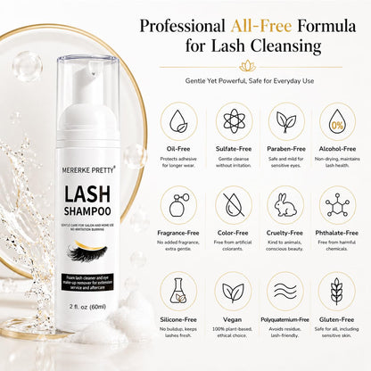 Oil free lash foam shampoo bottle highlighting the sulfate free and paraben free formula labels on the front packaging