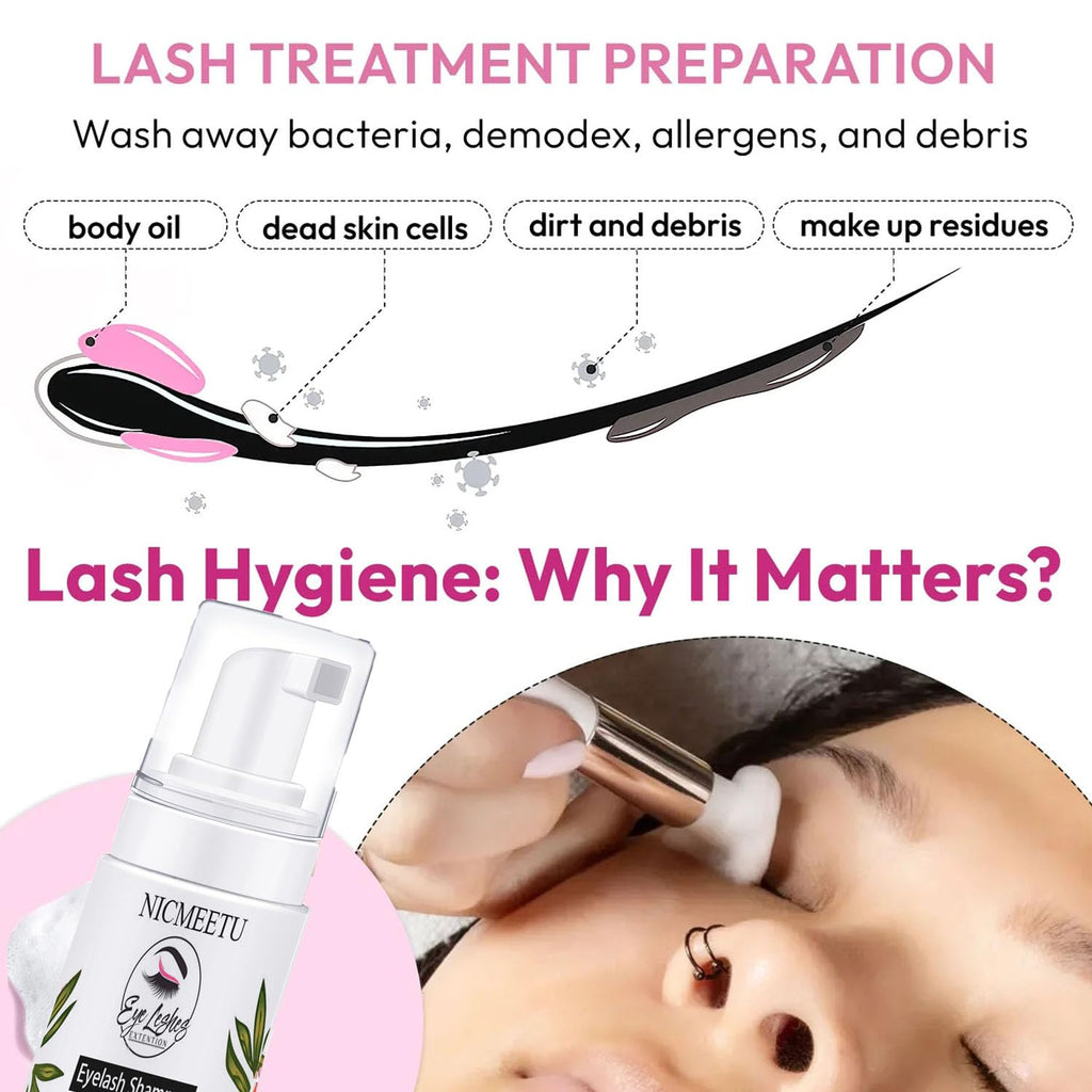 Nicmeetu foaming lash shampoo bottle with pump dispenser.