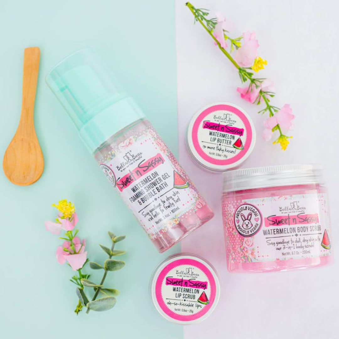 Close up of Bella and Bear watermelon exfoliating lip scrub texture