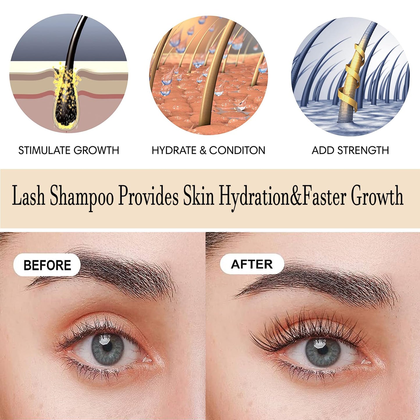 One hundred milliliter lash shampoo bottle with clear plastic pump dispenser mechanism