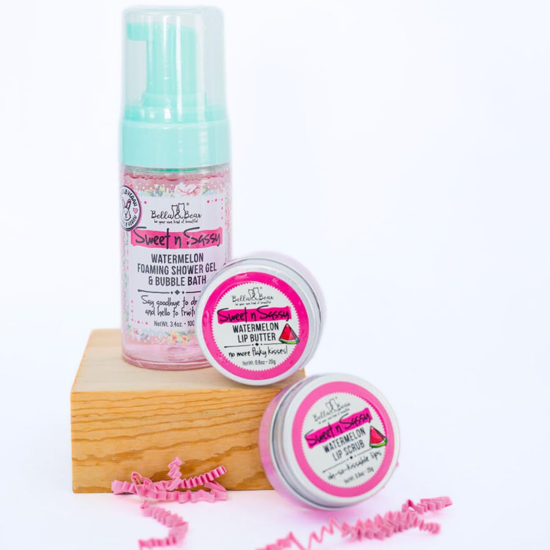 Lifestyle shot of Bella and Bear watermelon lip care product