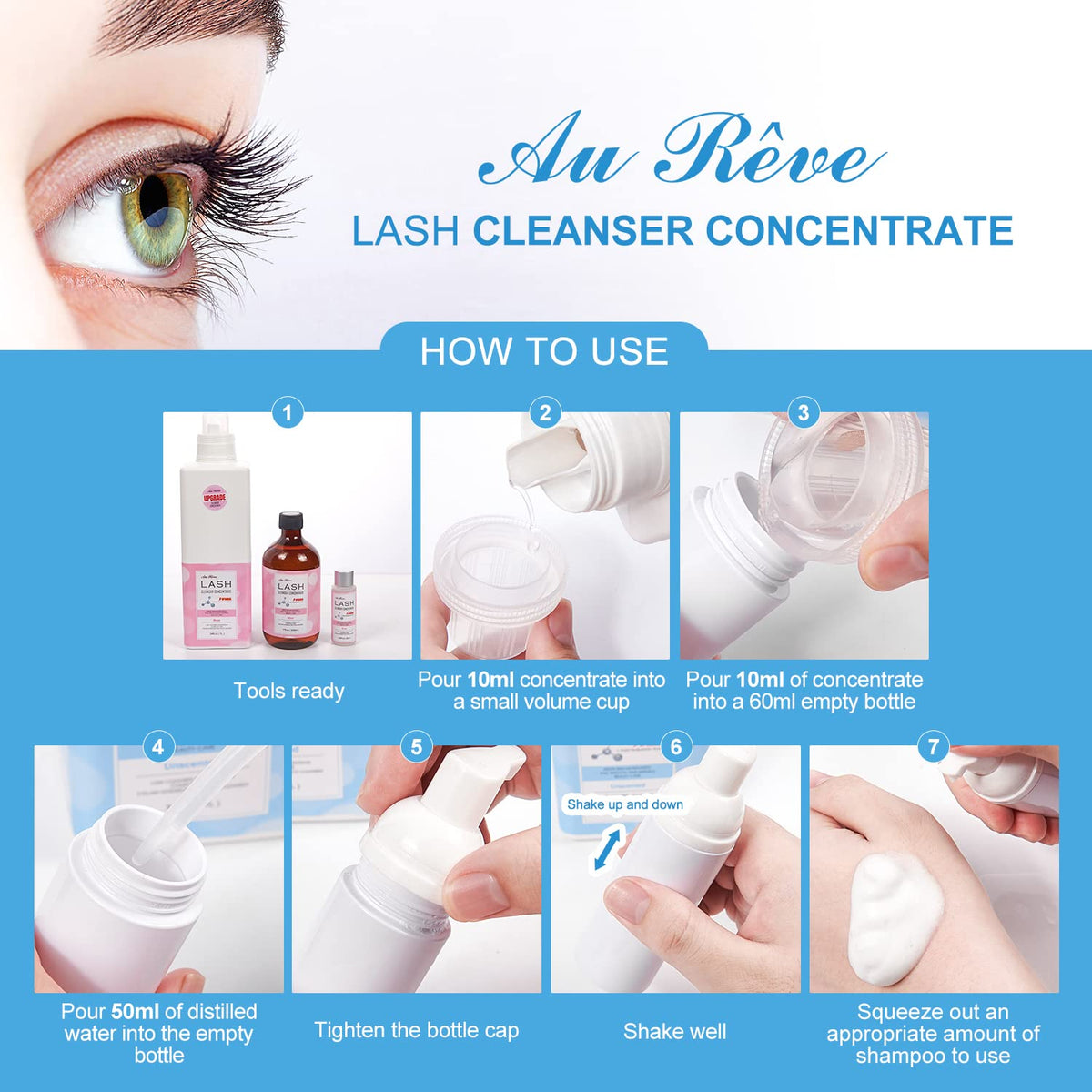 Close up of clean eyelash extensions after using AuReve cleanser