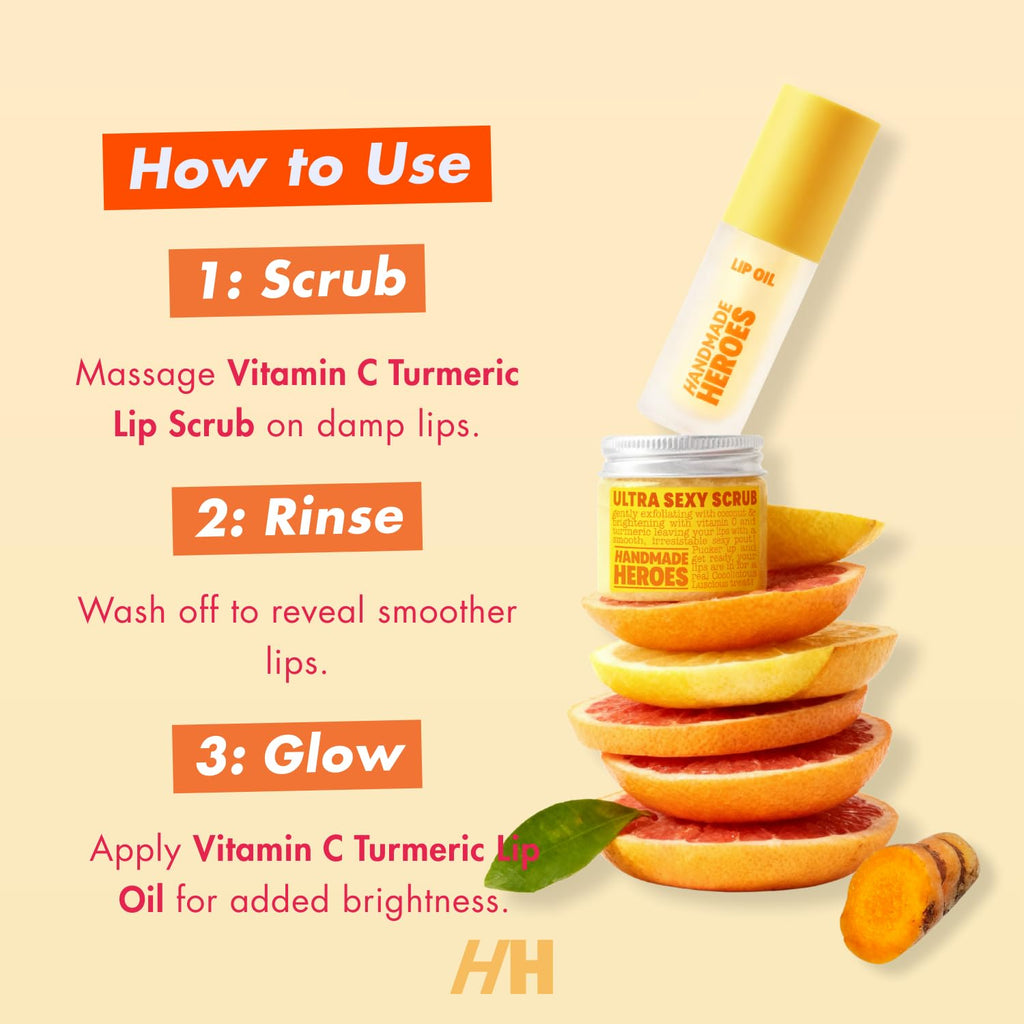 Handmade Heroes vitamin C lip oil applied for glossy finish