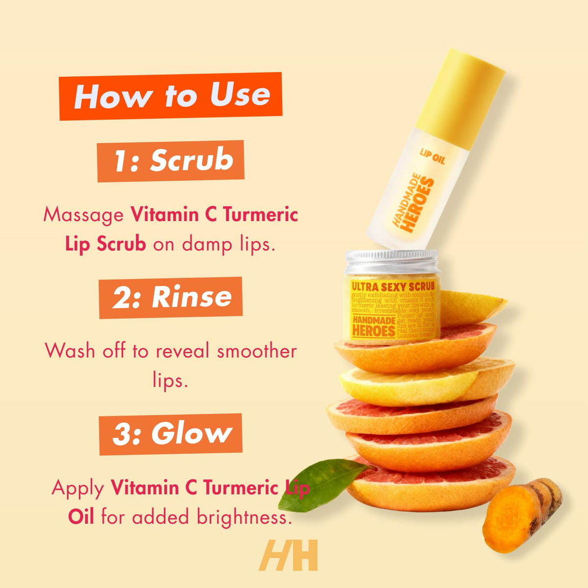 Handmade Heroes vitamin C lip oil applied for glossy finish