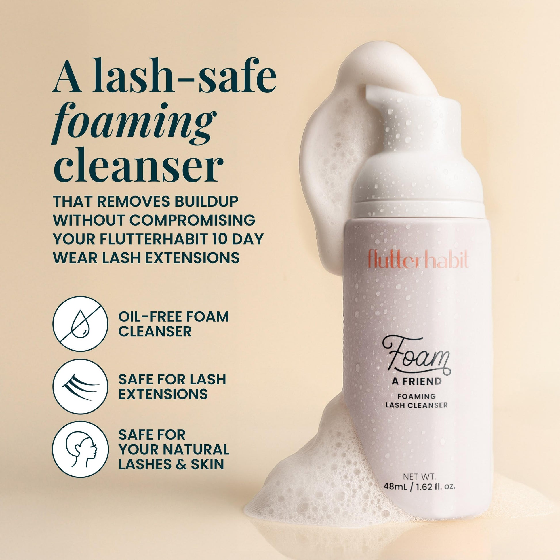 Close up of FlutterHabit foaming lash cleanser pump dispenser
