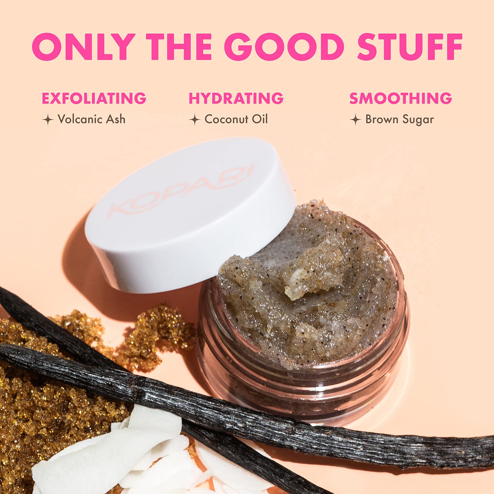 Kopari lip scrub open jar showing scrub consistency