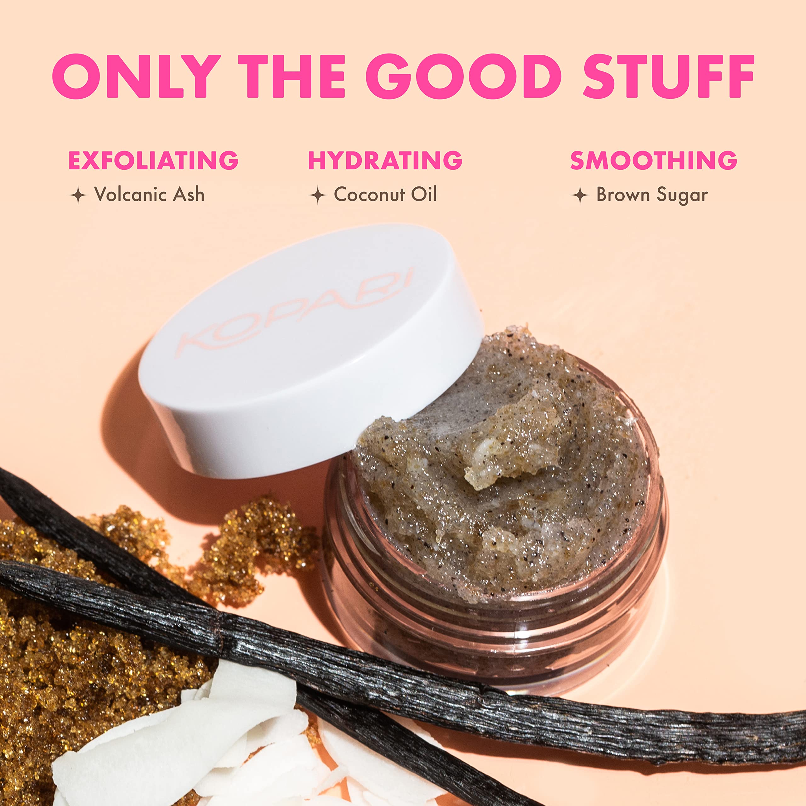Kopari lip scrub open jar showing scrub consistency