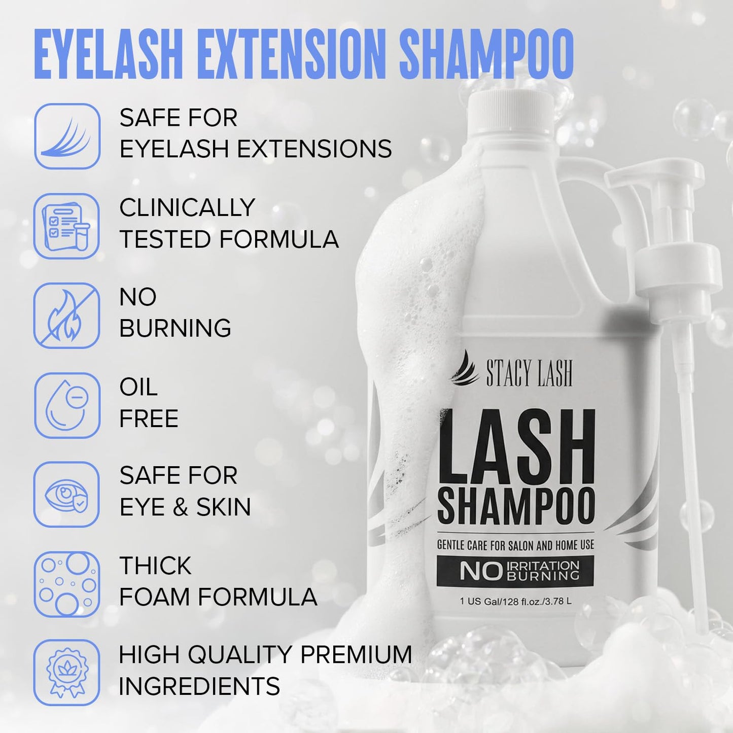 Stacy Lash bulk foaming eyelid cleanser with included professional pump dispenser and stylish aftercare cards