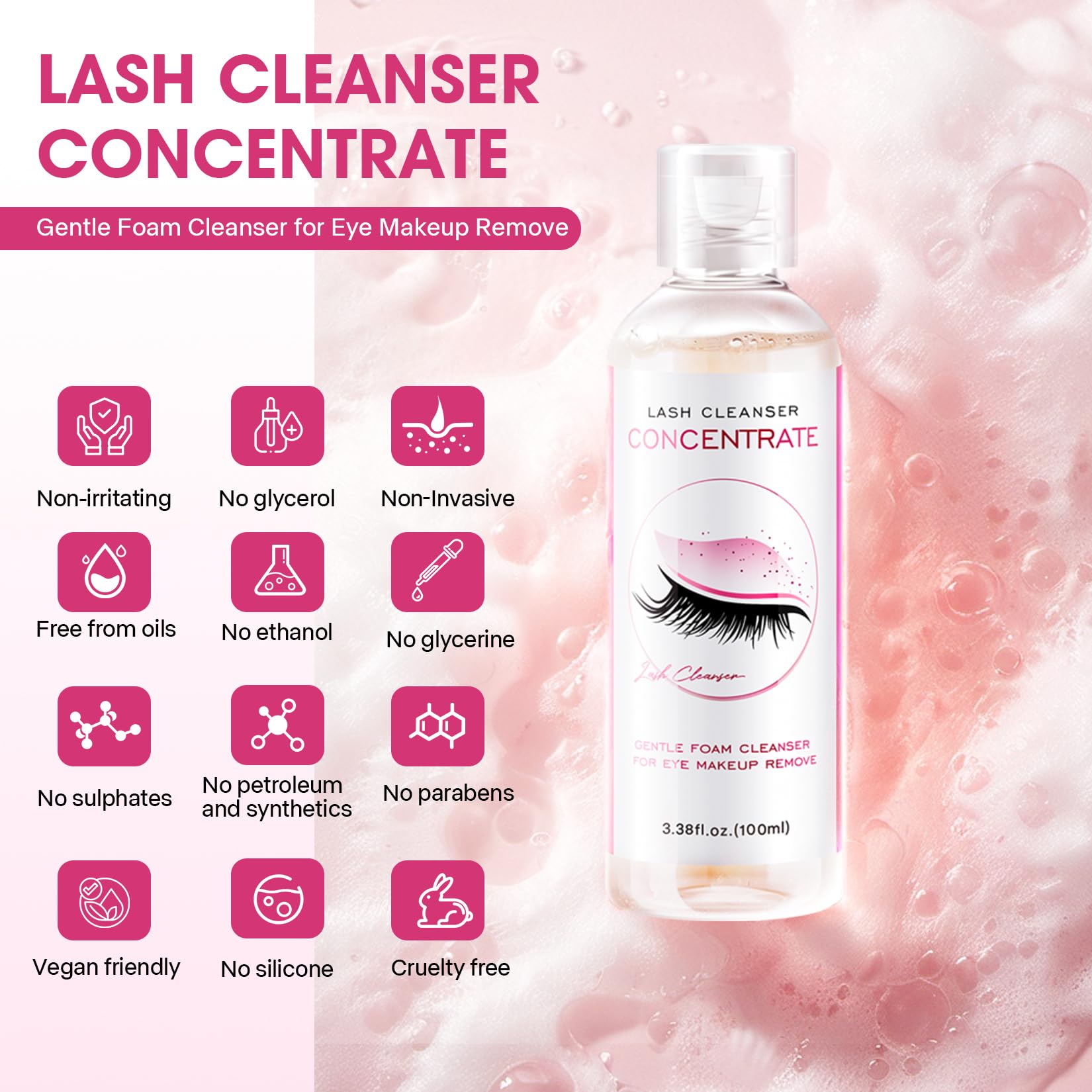 Stacy Lash Shampoo Concentrate bottle with lash cleansing brush