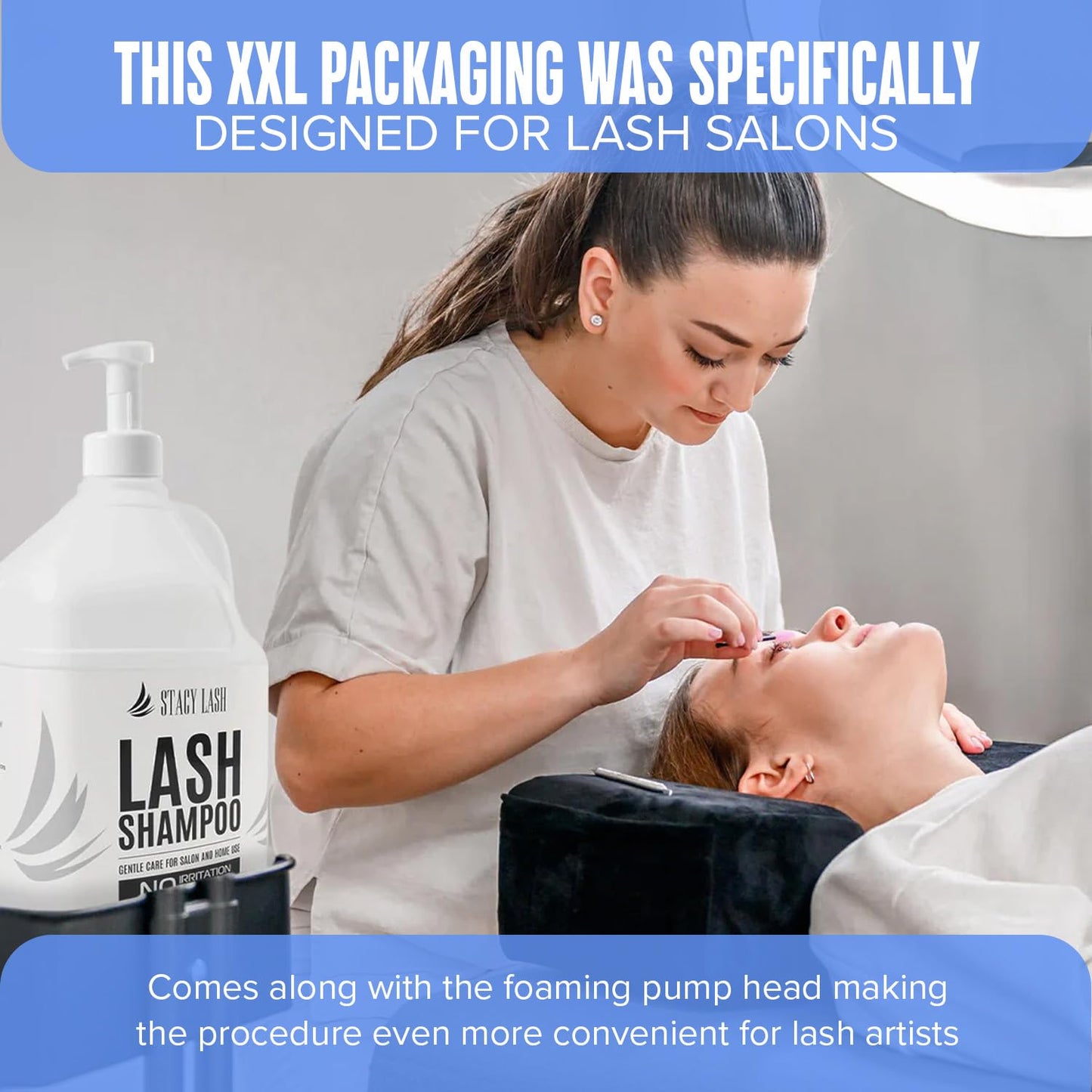 Stacy Lash three point seventy eight liter bulk container showcasing the secure packaging for salon supplies