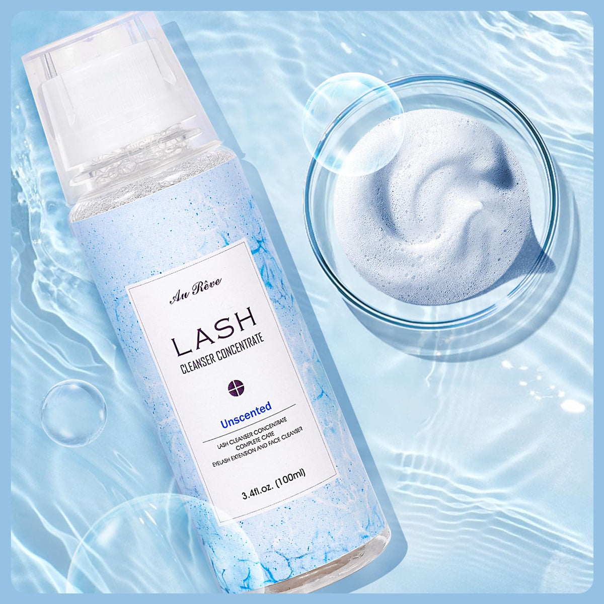 AuReve lash shampoo concentrate 100 milliliters package overview