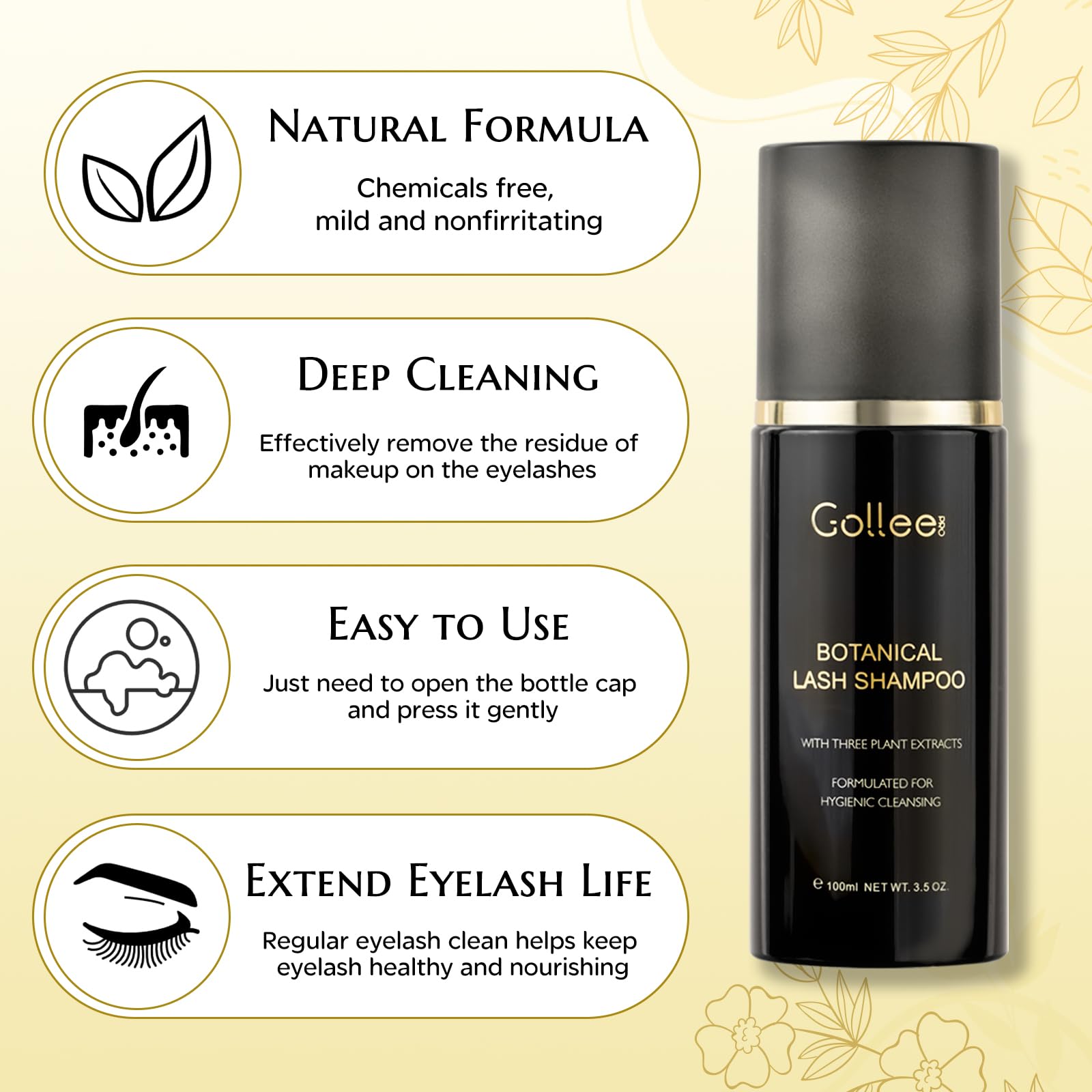 Golleepro botanical lash bath kit with professional cleaning brush side view