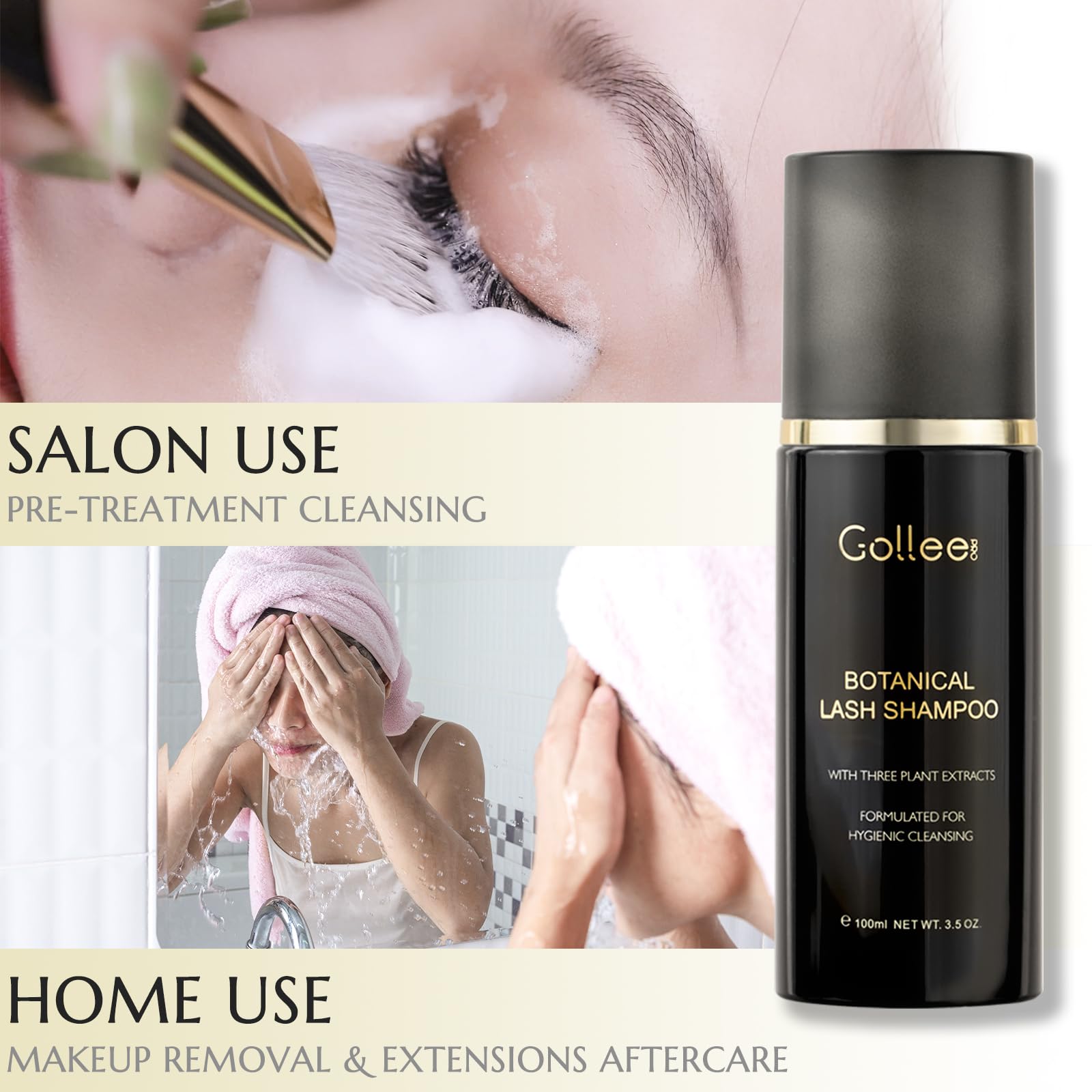 Applying Golleepro oil free foaming cleanser onto eyelash extensions with brush