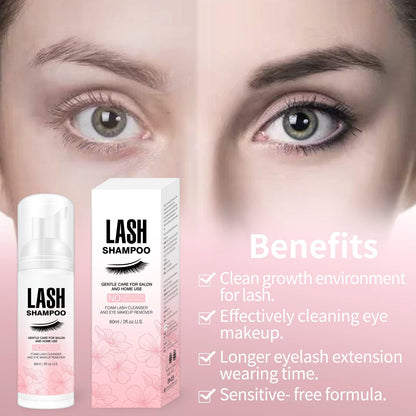 Foaming lash cleaner pump mechanism dispensing rich white cleansing foam for sensitive eyes.