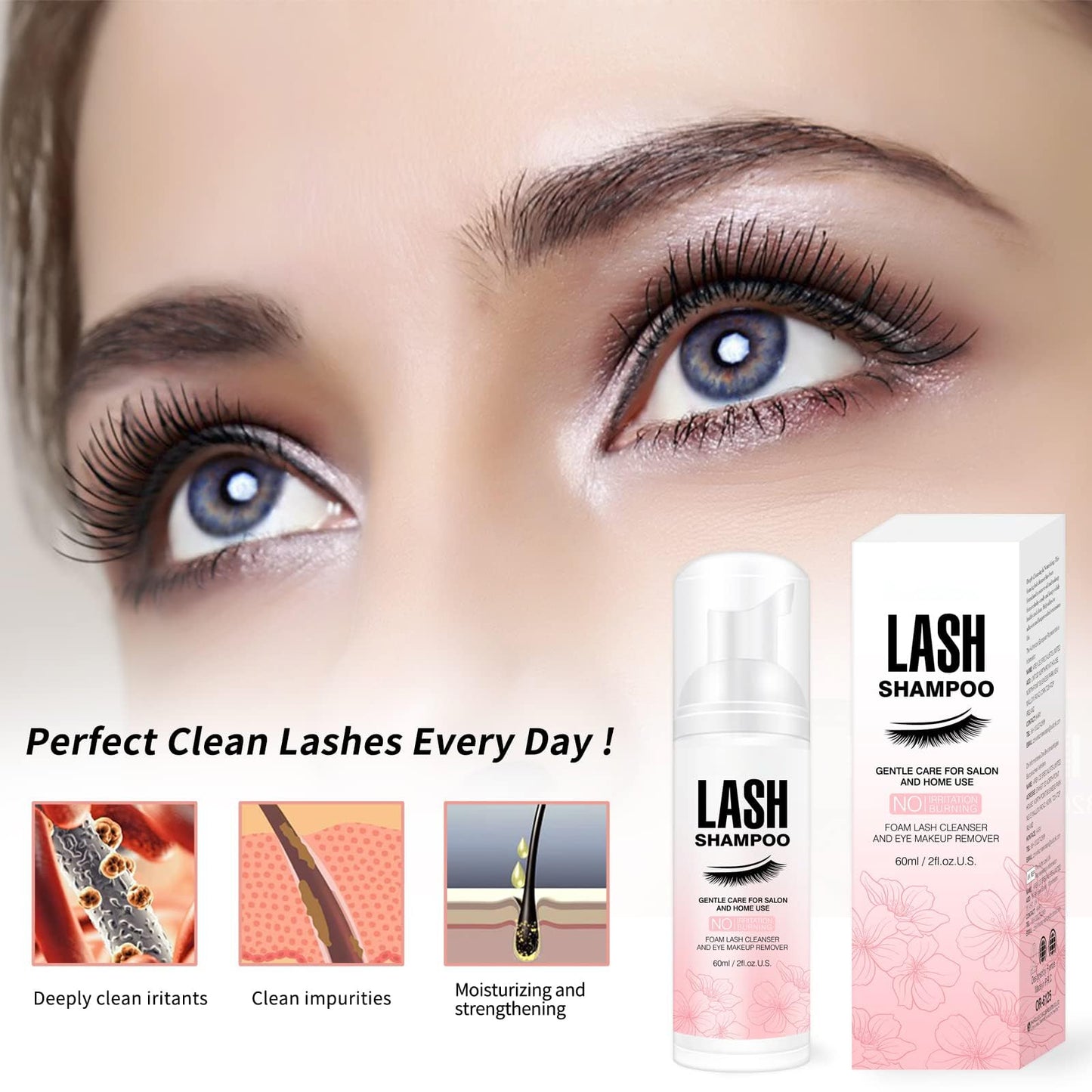 Lash extension shampoo kit elements laid flat highlighting the 50ml bottle and grooming accessories.