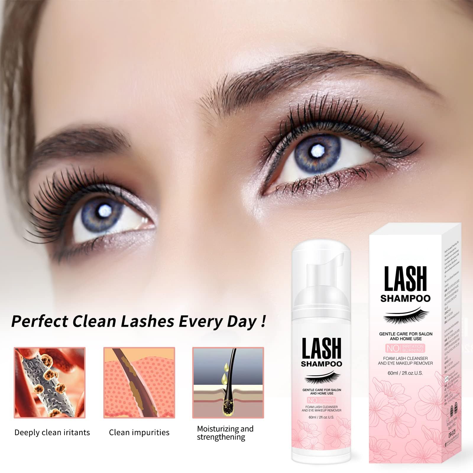 Lash extension shampoo kit elements laid flat highlighting the 50ml bottle and grooming accessories.