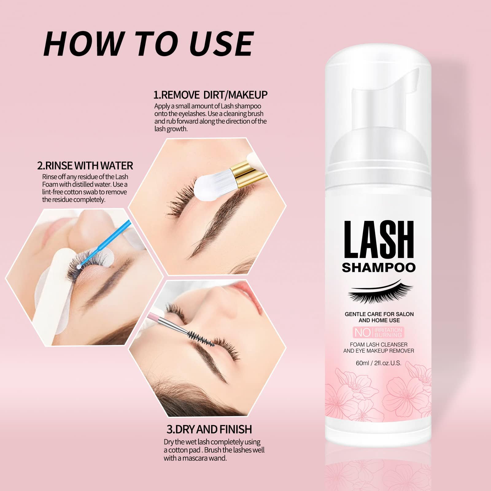 Close up view of the hypoallergenic lash cleanser bottle highlighting the cruelty free and vegan product badges.