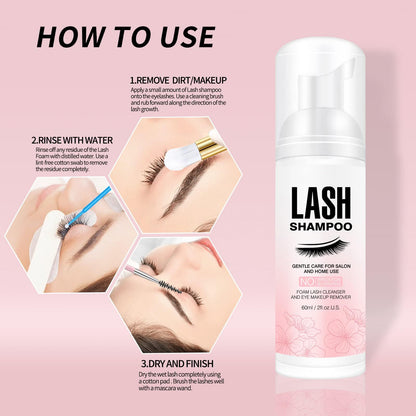 Close up view of the hypoallergenic lash cleanser bottle highlighting the cruelty free and vegan product badges.