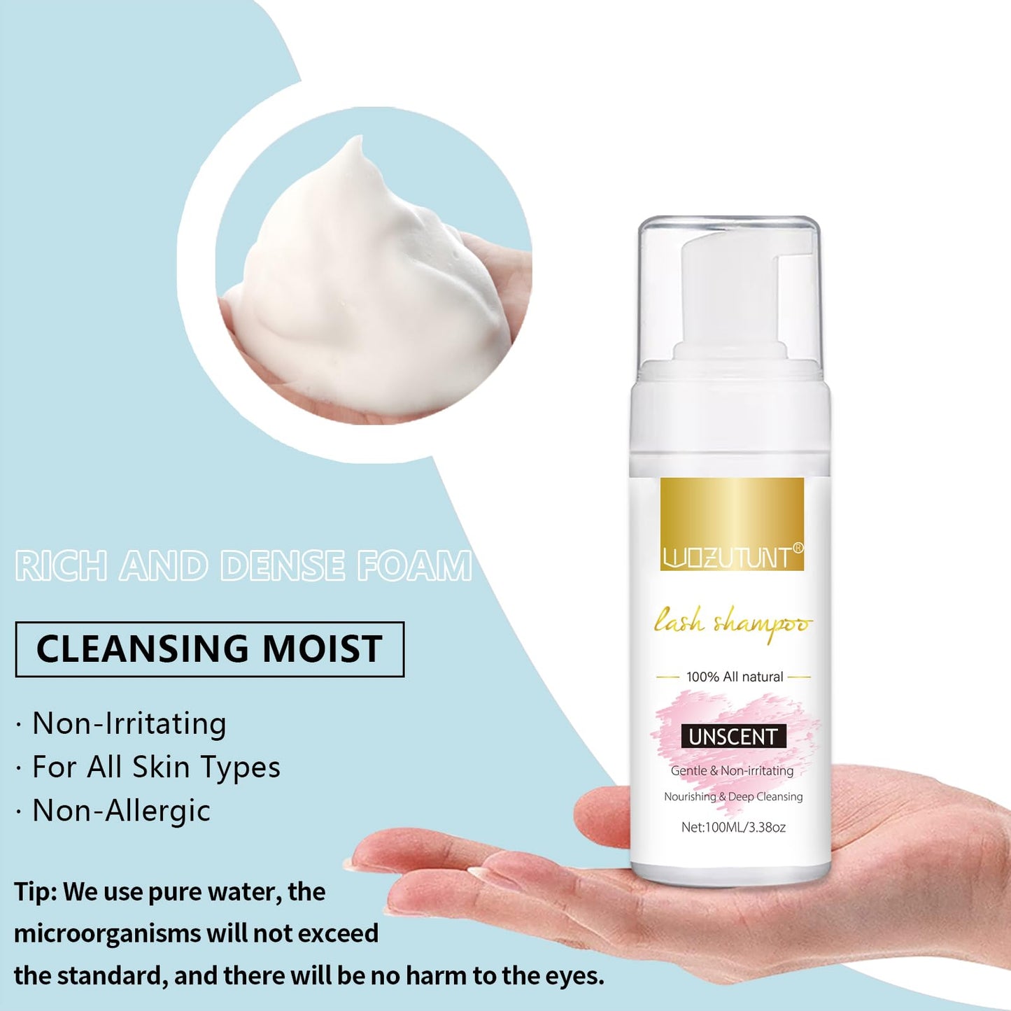 WOZUTUNT unscented lash cleanser aftercare kit components arranged flat