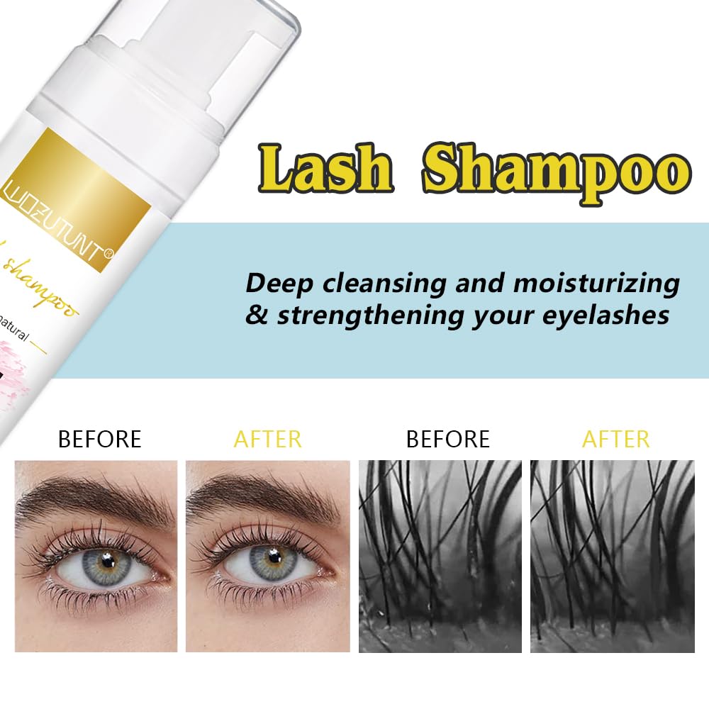 Wozutunt lash extension cleanser bottle next to wash bottle