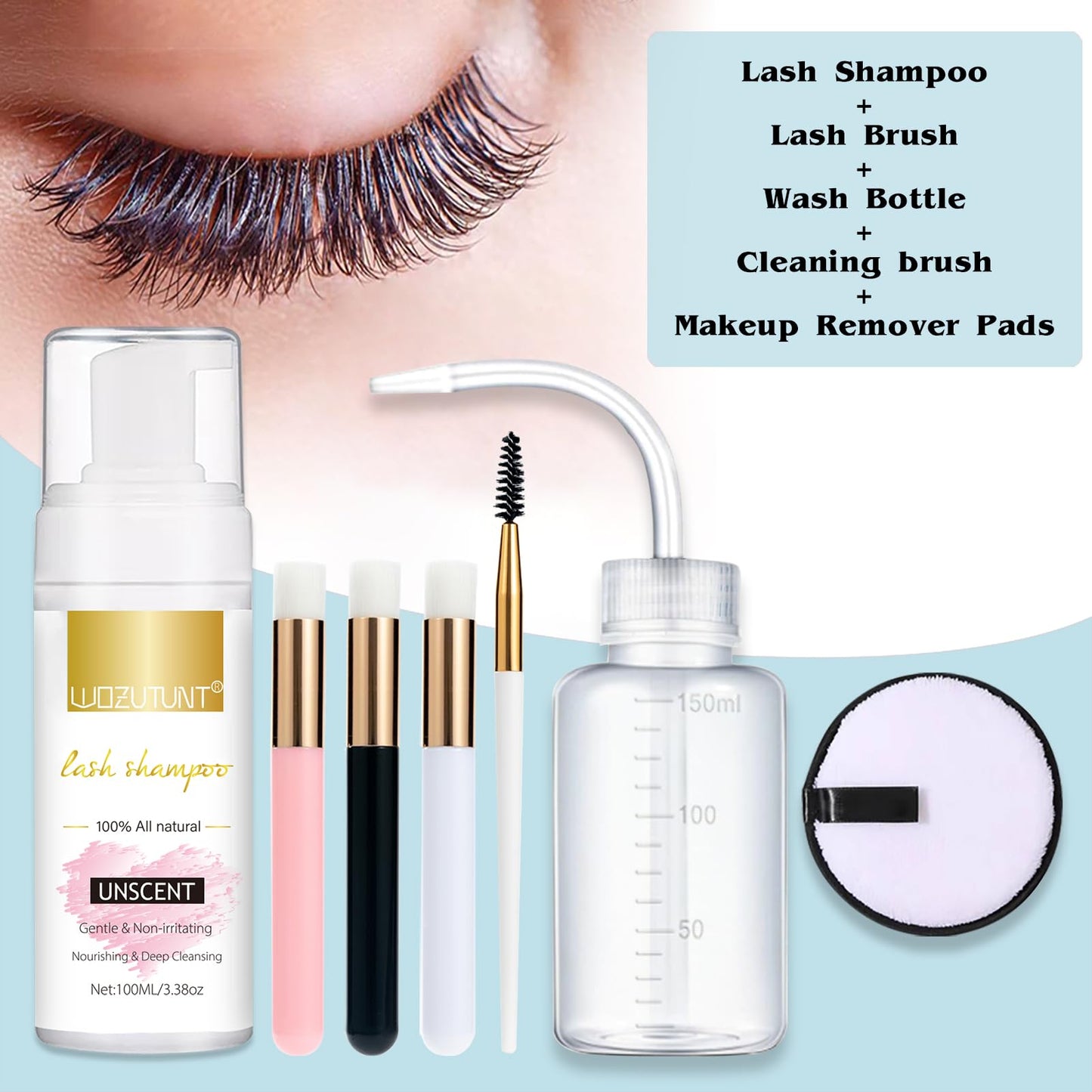 WOZUTUNT gentle lash shampoo bottle with cotton pad bundle