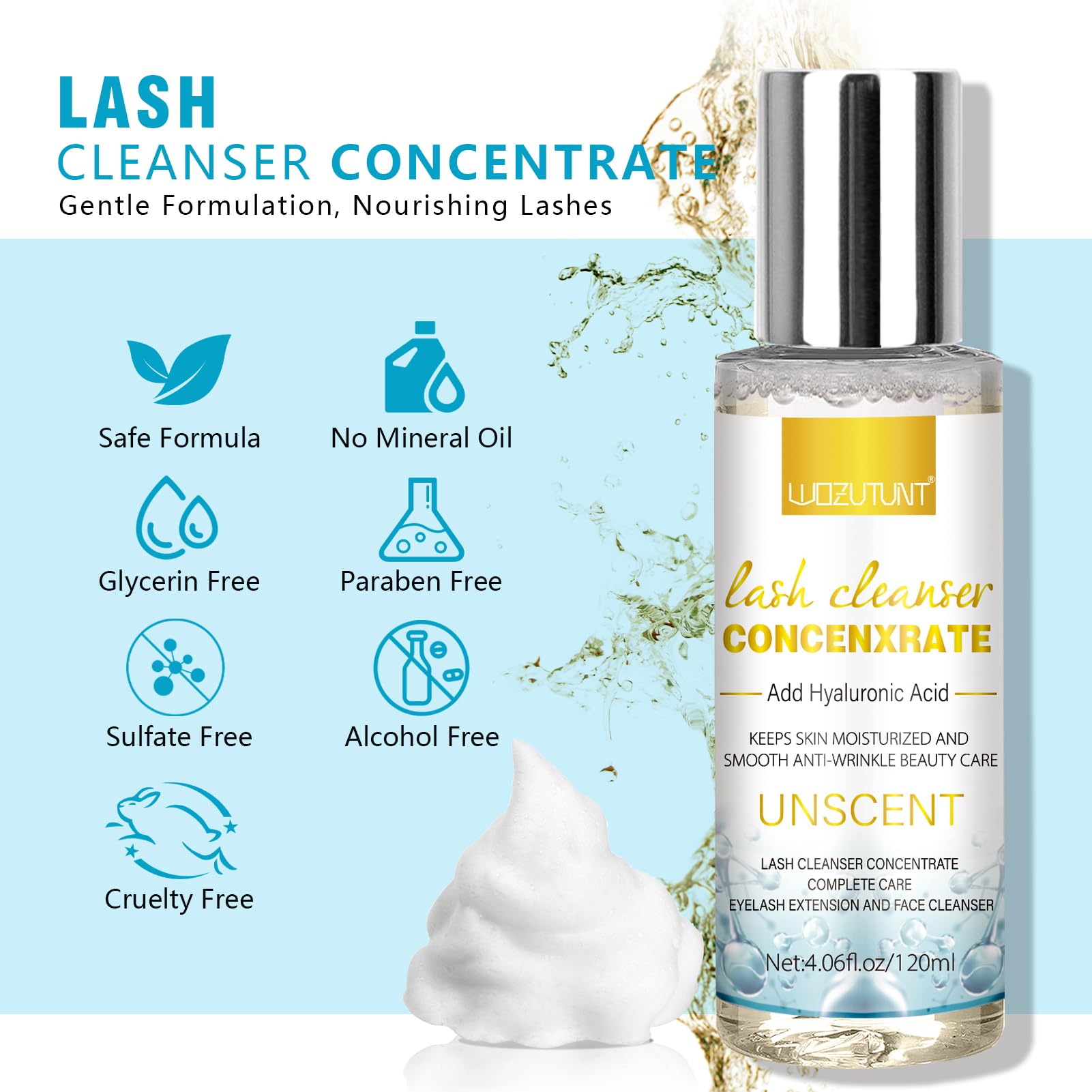 Natural foaming lash cleanser concentrate bottle with hyaluronic acid ingredient highlight