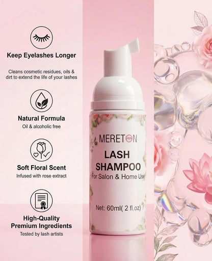 Mereton eyelash extension shampoo kit components including rinse bottle