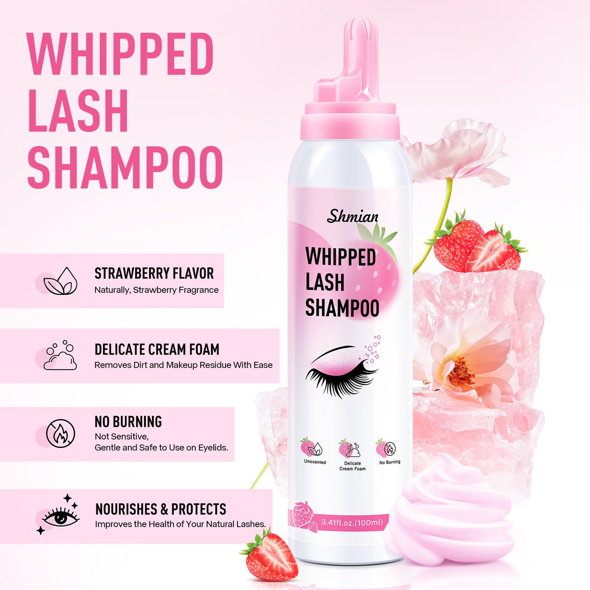 Cl Camillash Shmian lash extension cleanser bottle showing strawberry scented label
