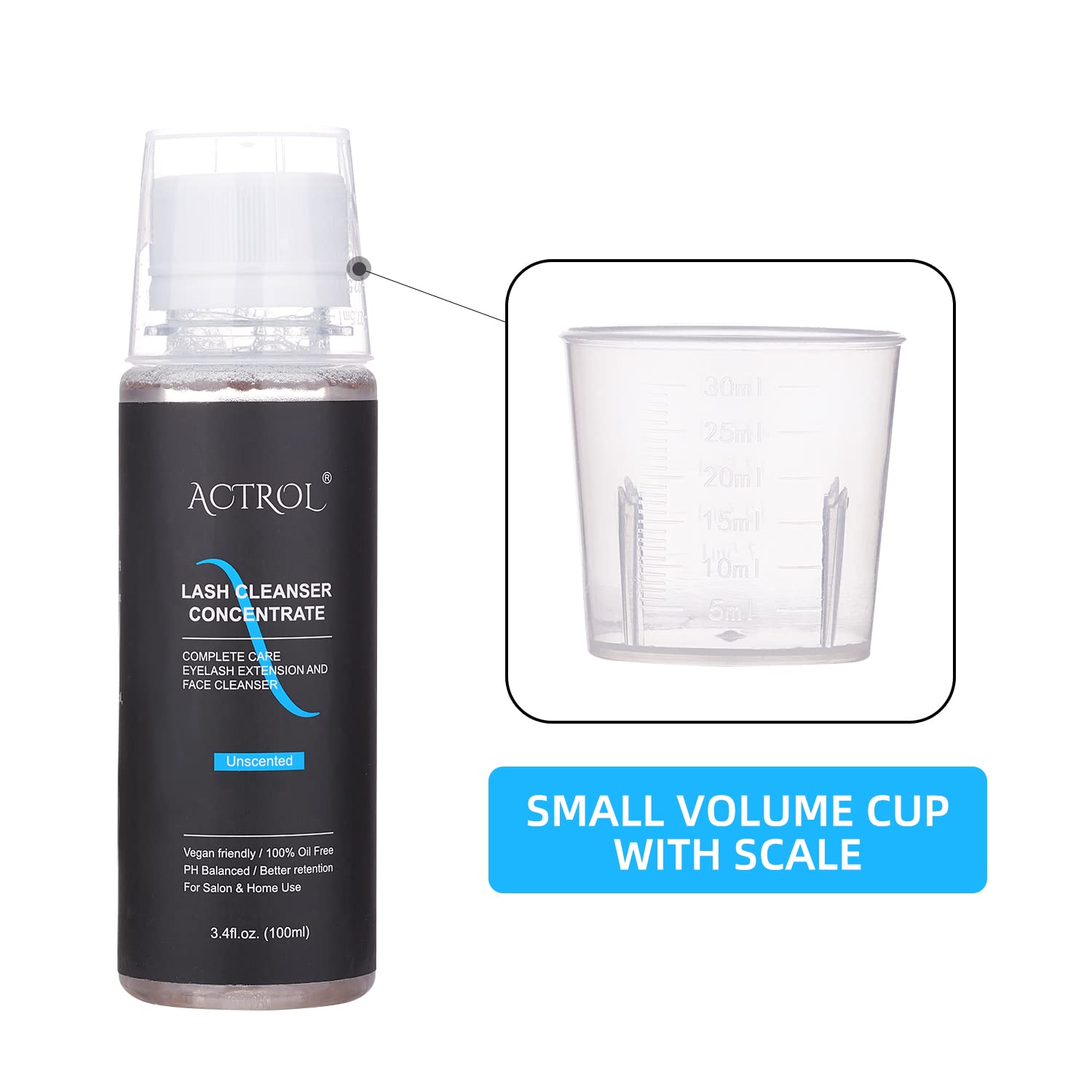 ACTROL eyelash extension shampoo dilution guide showing how to mix concentrate with water.