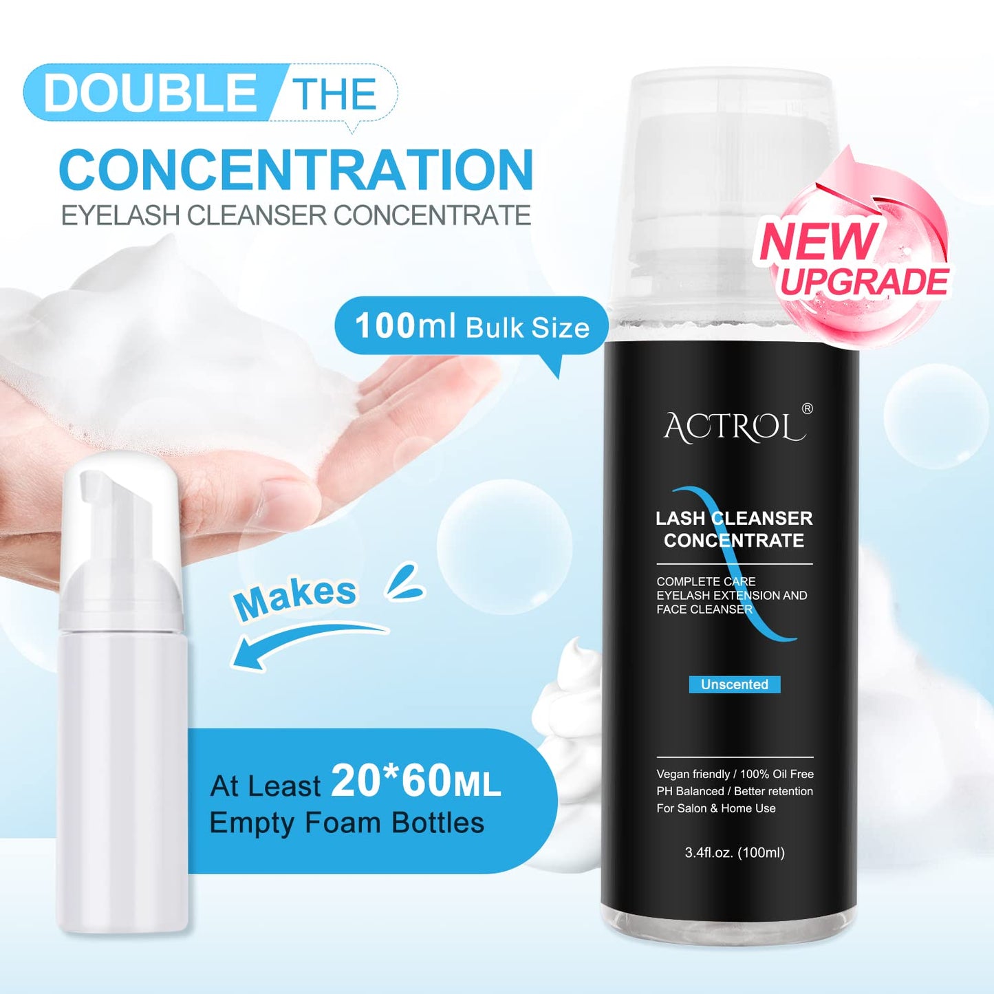 Unscented lash foaming cleanser bottle with measuring cap detailing professional salon mixing ratios.