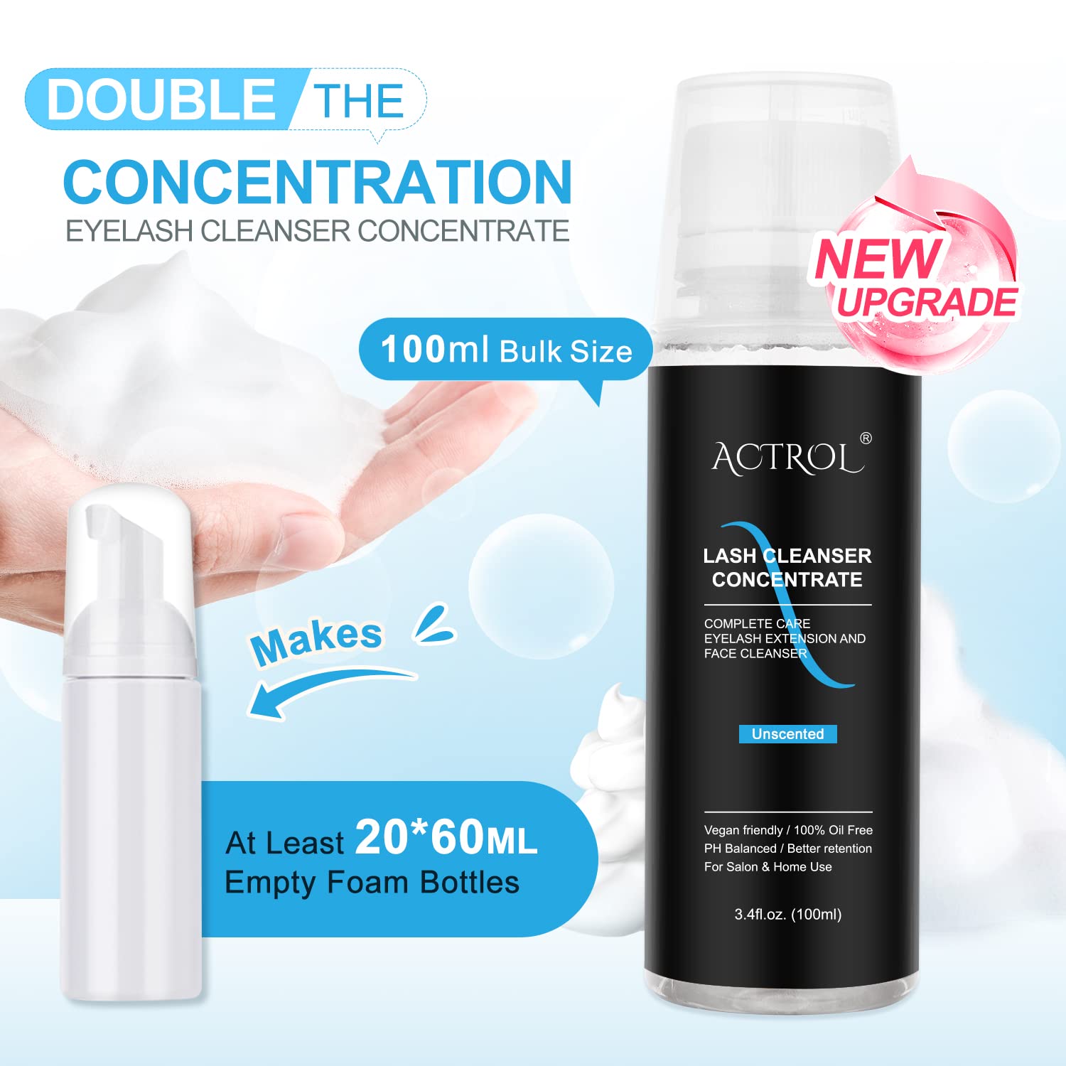 Unscented lash foaming cleanser bottle with measuring cap detailing professional salon mixing ratios.