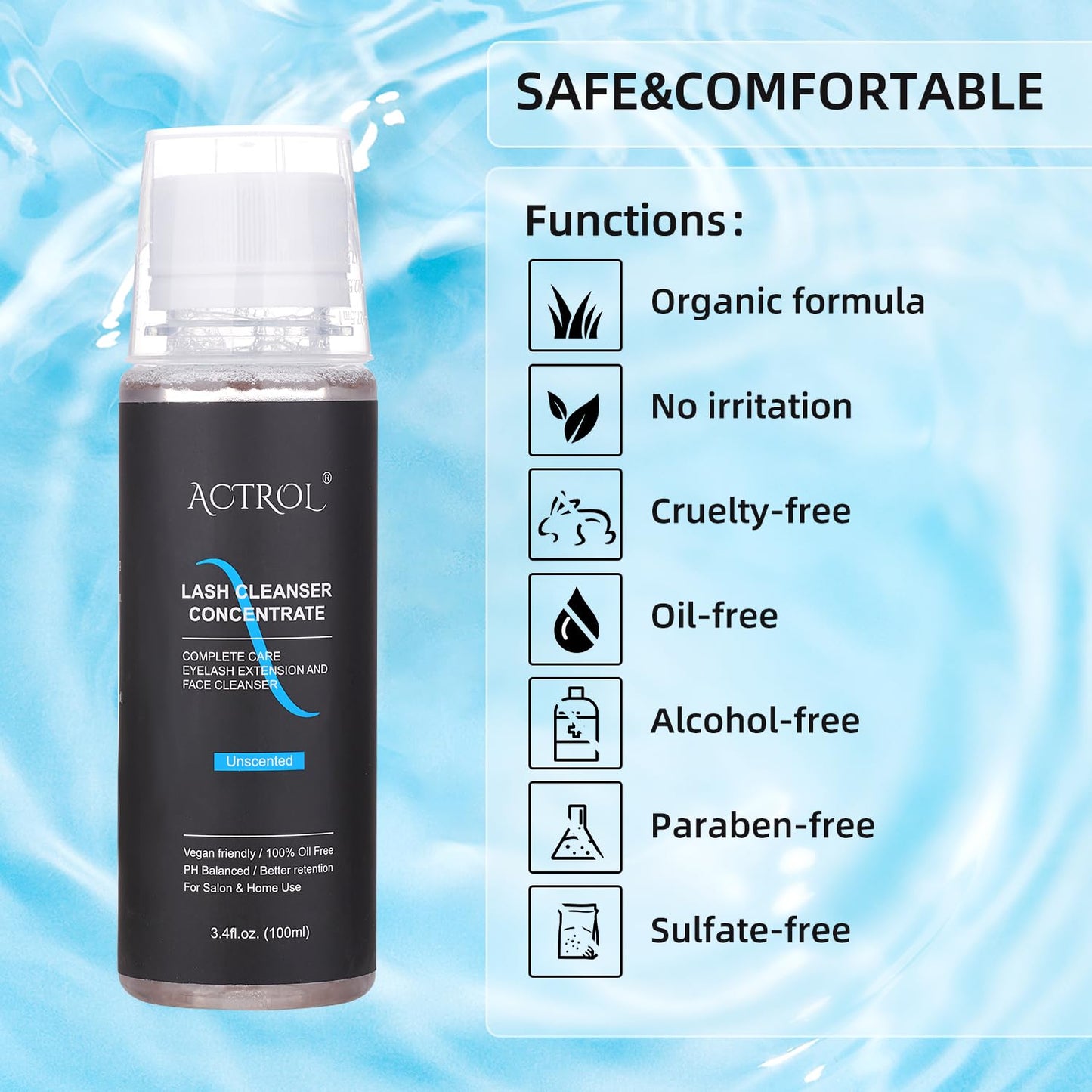ACTROL concentrated lash wash packaging displaying the oil-free and paraben-free benefit callouts.