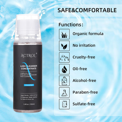 ACTROL concentrated lash wash packaging displaying the oil-free and paraben-free benefit callouts.