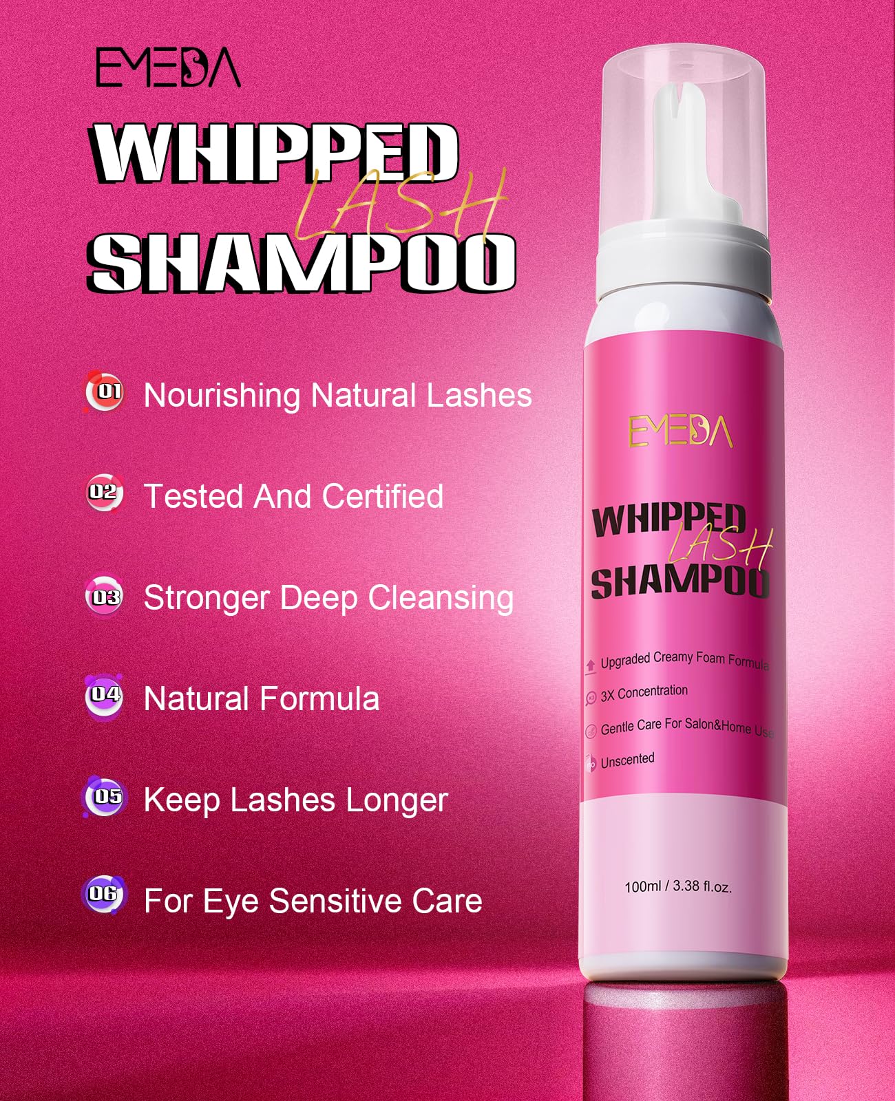 Close up of Emeda lash shampoo creamy foam texture