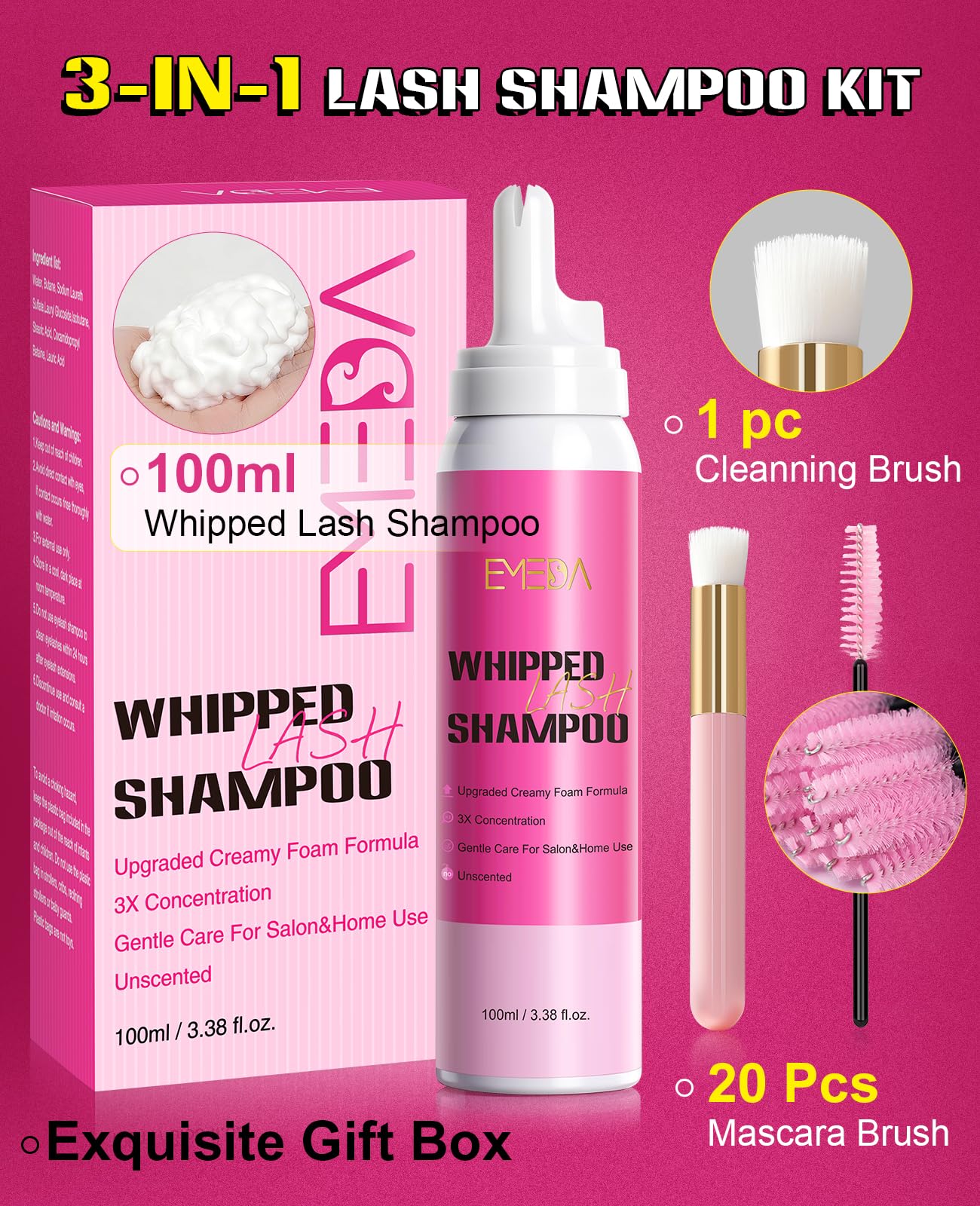 Detailed view of the 100ml lash cleanser bottle and included cleaning accessories