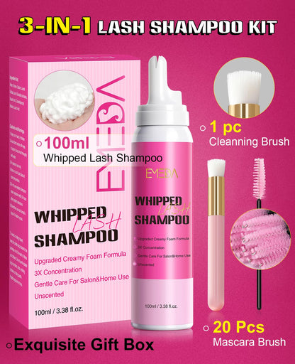 Detailed view of the 100ml lash cleanser bottle and included cleaning accessories