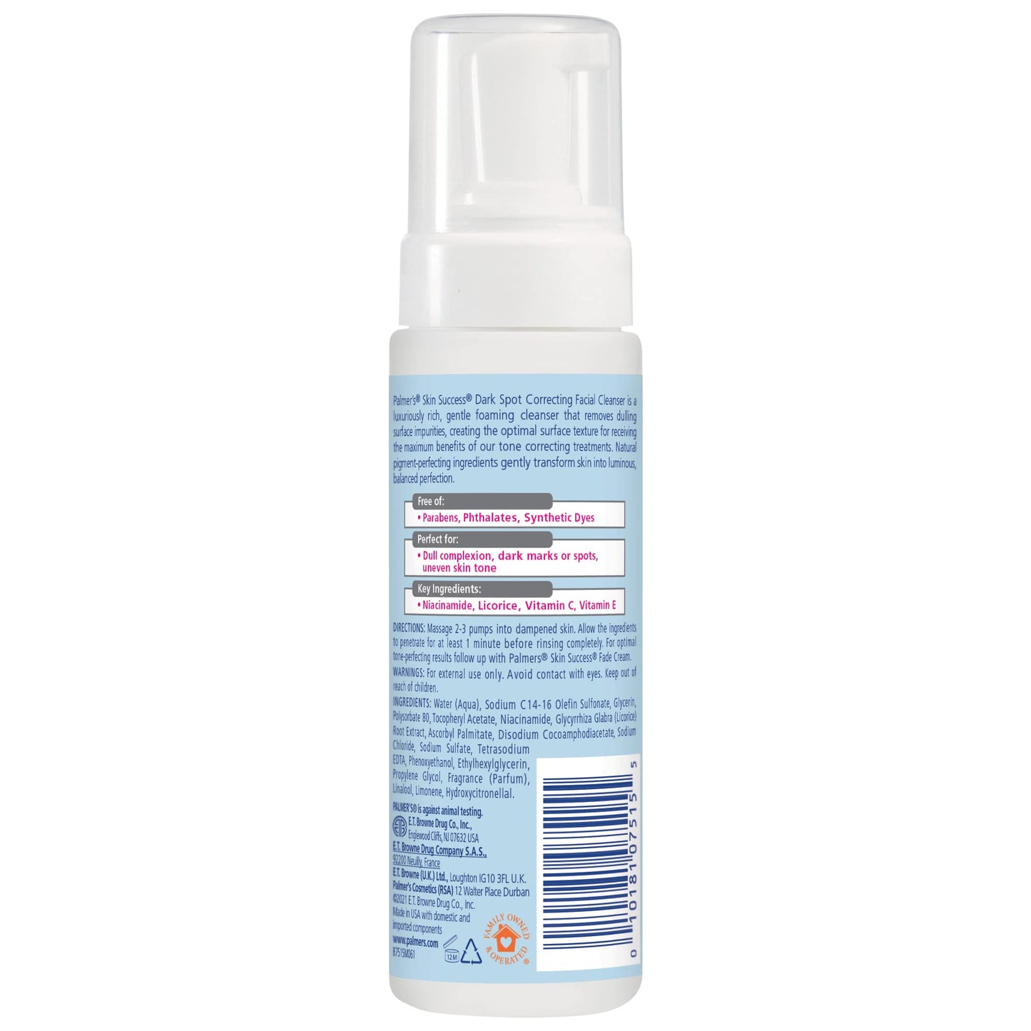 Palmer's Skin Success Dark Spot Correcting face wash pump dispenser packaging highlighting key ingredients