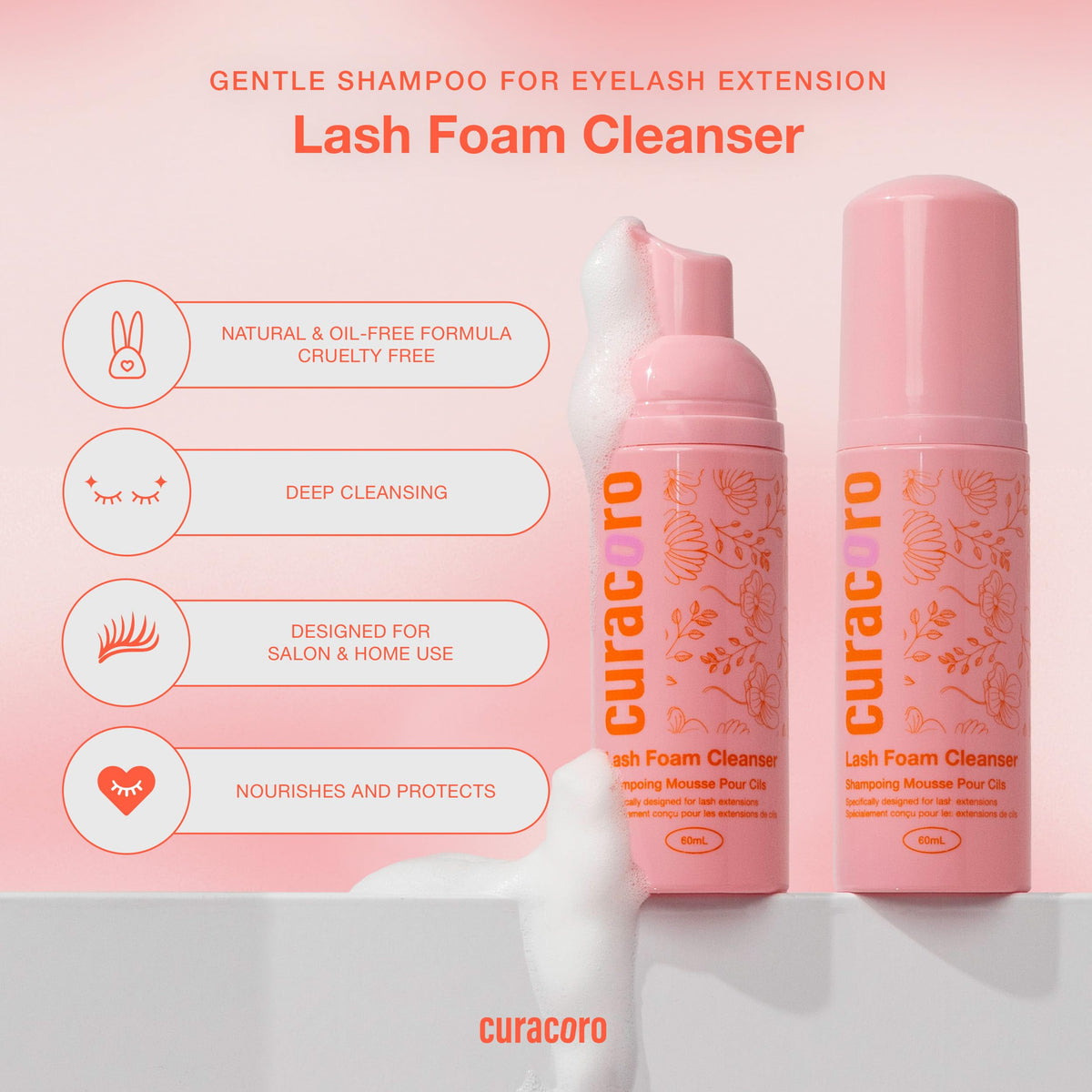 Curacoro 60 milliliter eyelash cleanser bottle label details.