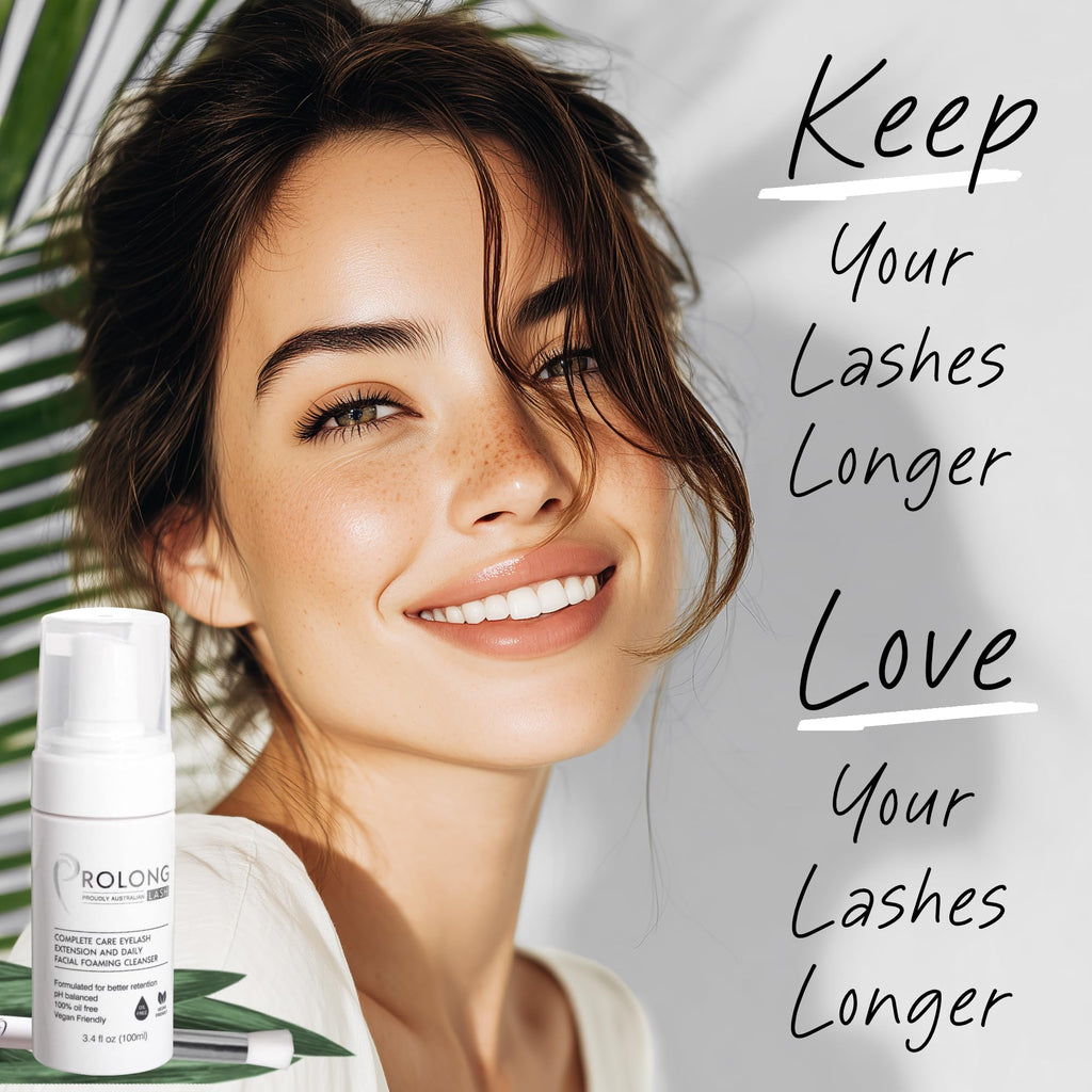 Prolong Lash foaming cleanser bottle side label displaying product volume and key formulation details.