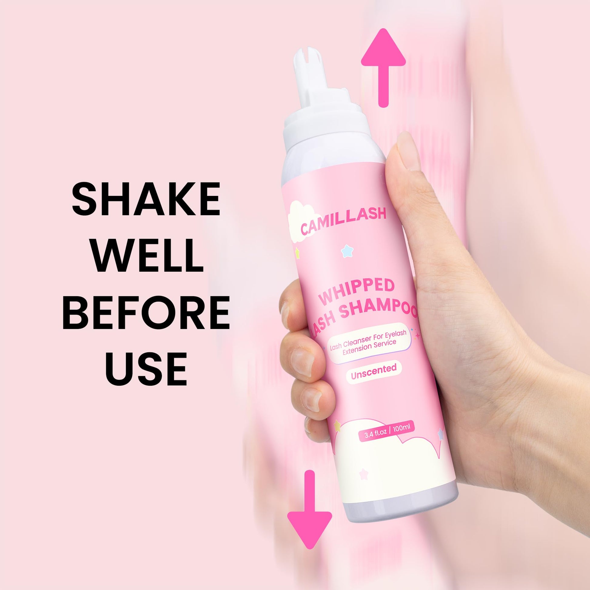 Side angle view of the CL CAMILLASH whipped lash shampoo packaging highlighting product details and usage directions.