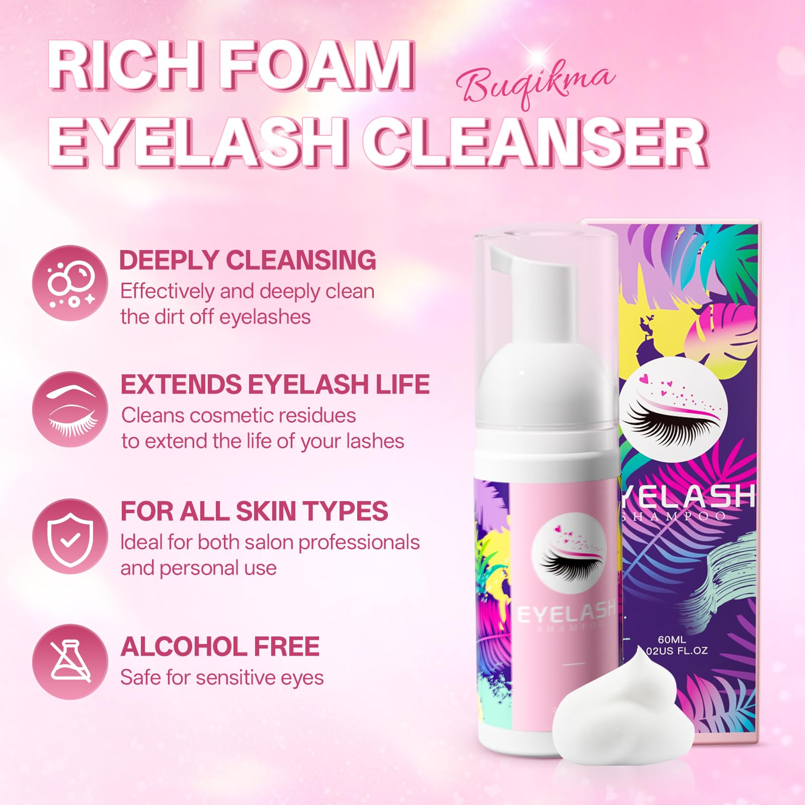 Buqikma foaming lash cleanser bottle 60 milliliters