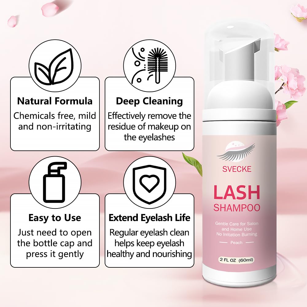 Svecke peach scented eyelash cleanser pump bottle close up