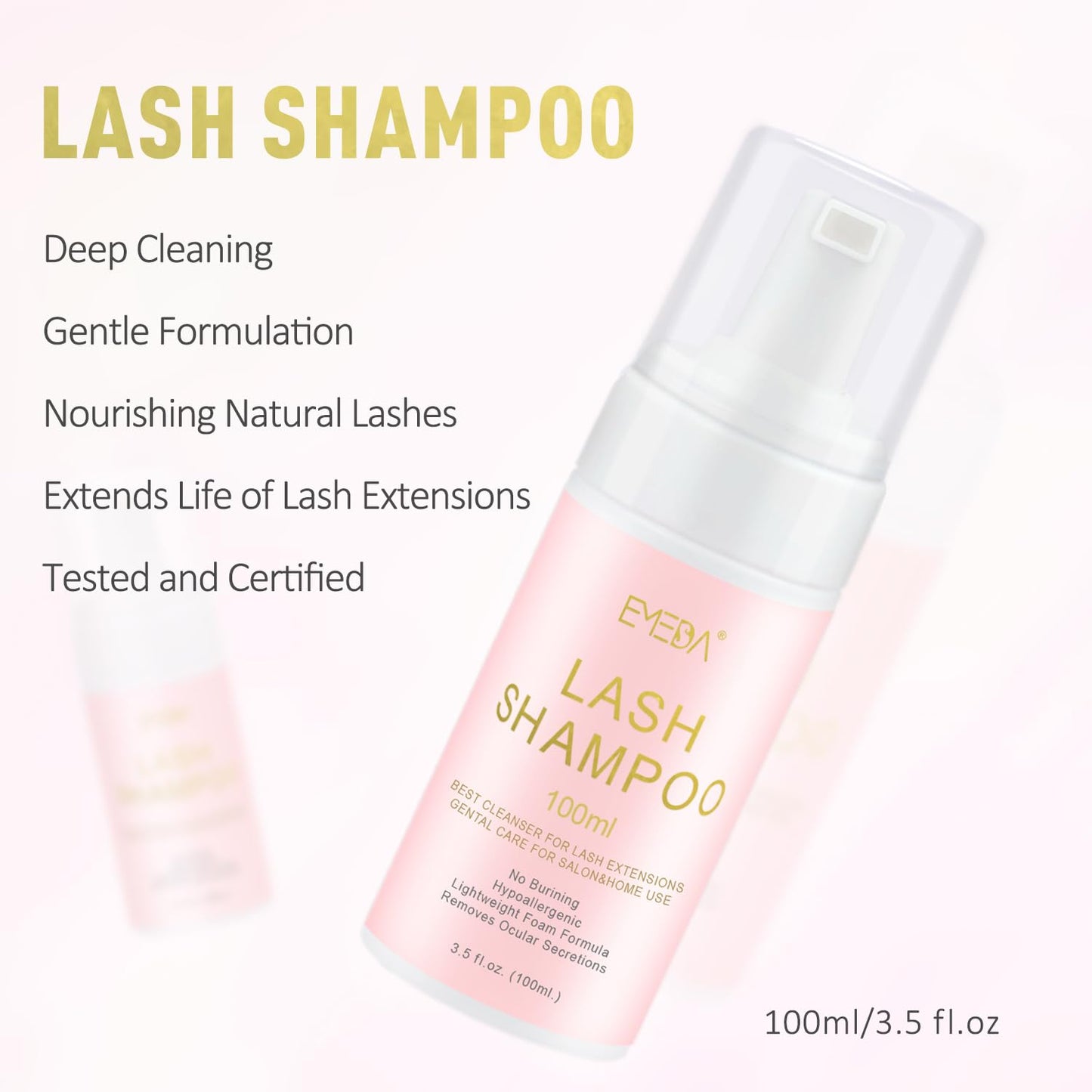 Oil free eyelash extension foam soap bottle close up detailing ingredients