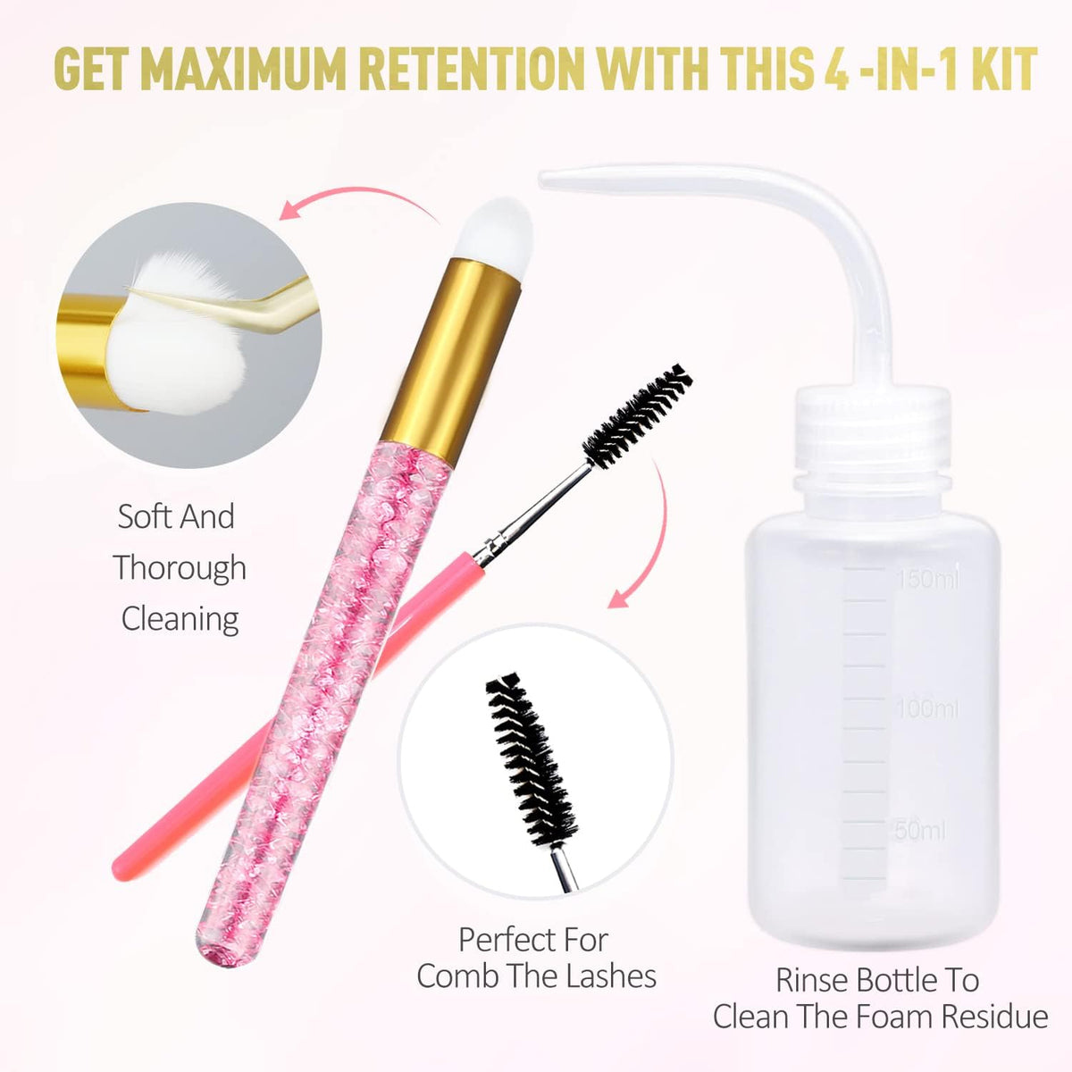 Complete EMEDA lash shampoo kit layout with all accessories