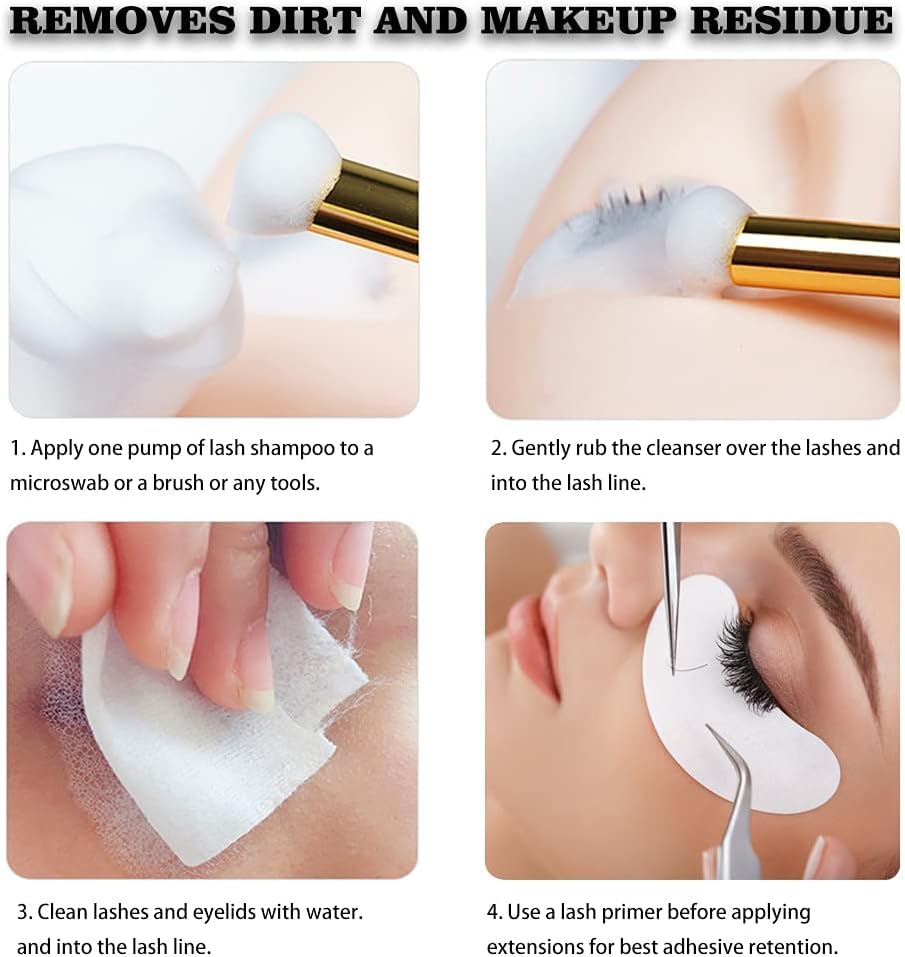 Authentic imported salon grade lash shampoo packaging highlighting its dual professional and home use benefits.