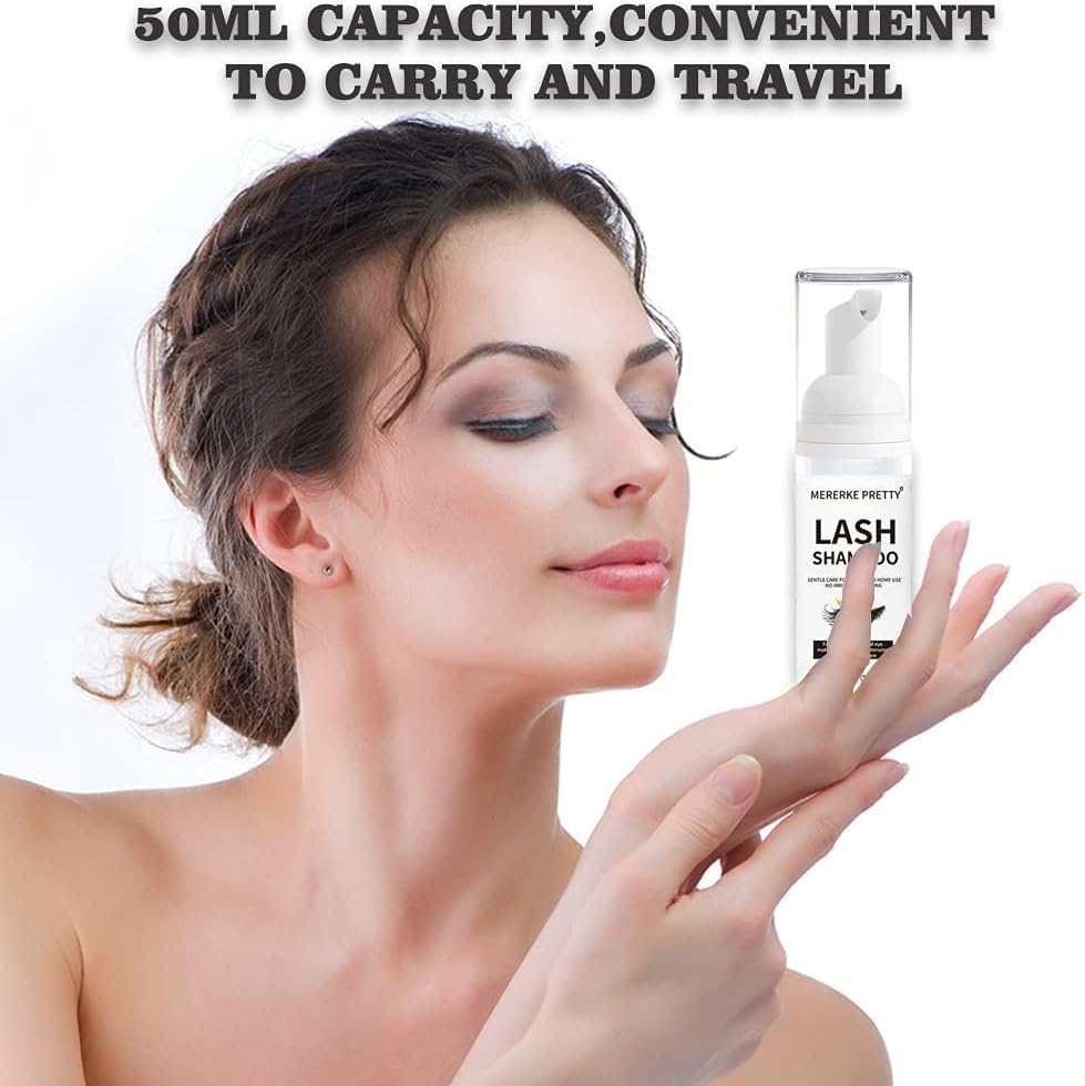 Clear bottle of eye makeup remover foam for eyelash extensions alongside its cleansing tool accessory.