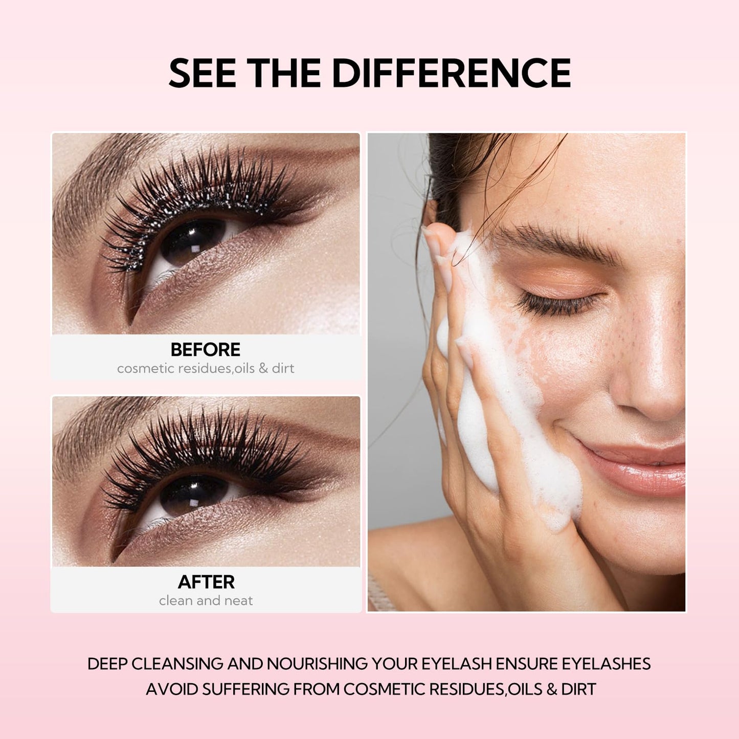 Oil free eyelash extension foam cleanser package set on clean surface