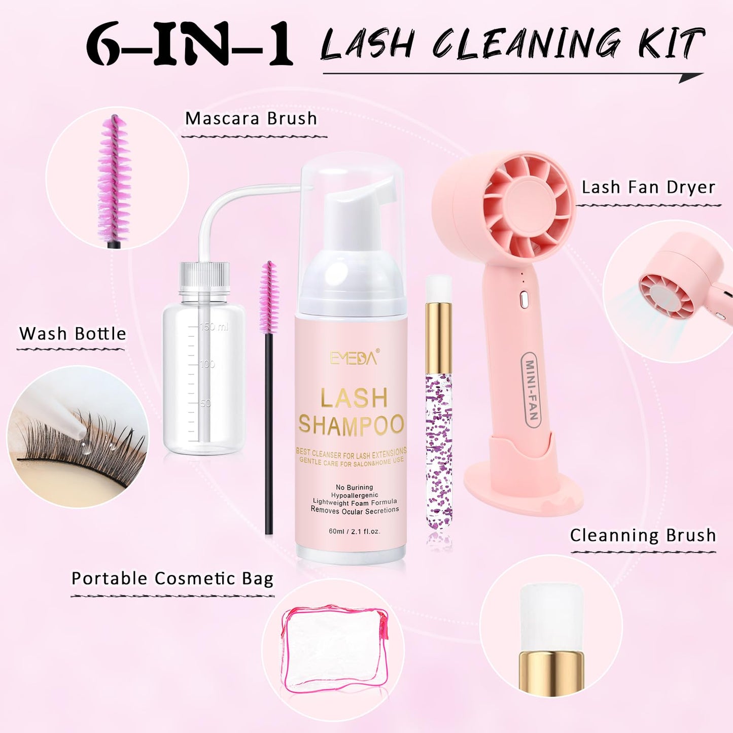 Emeda 60ml oil-free lash cleanser bottle and tools