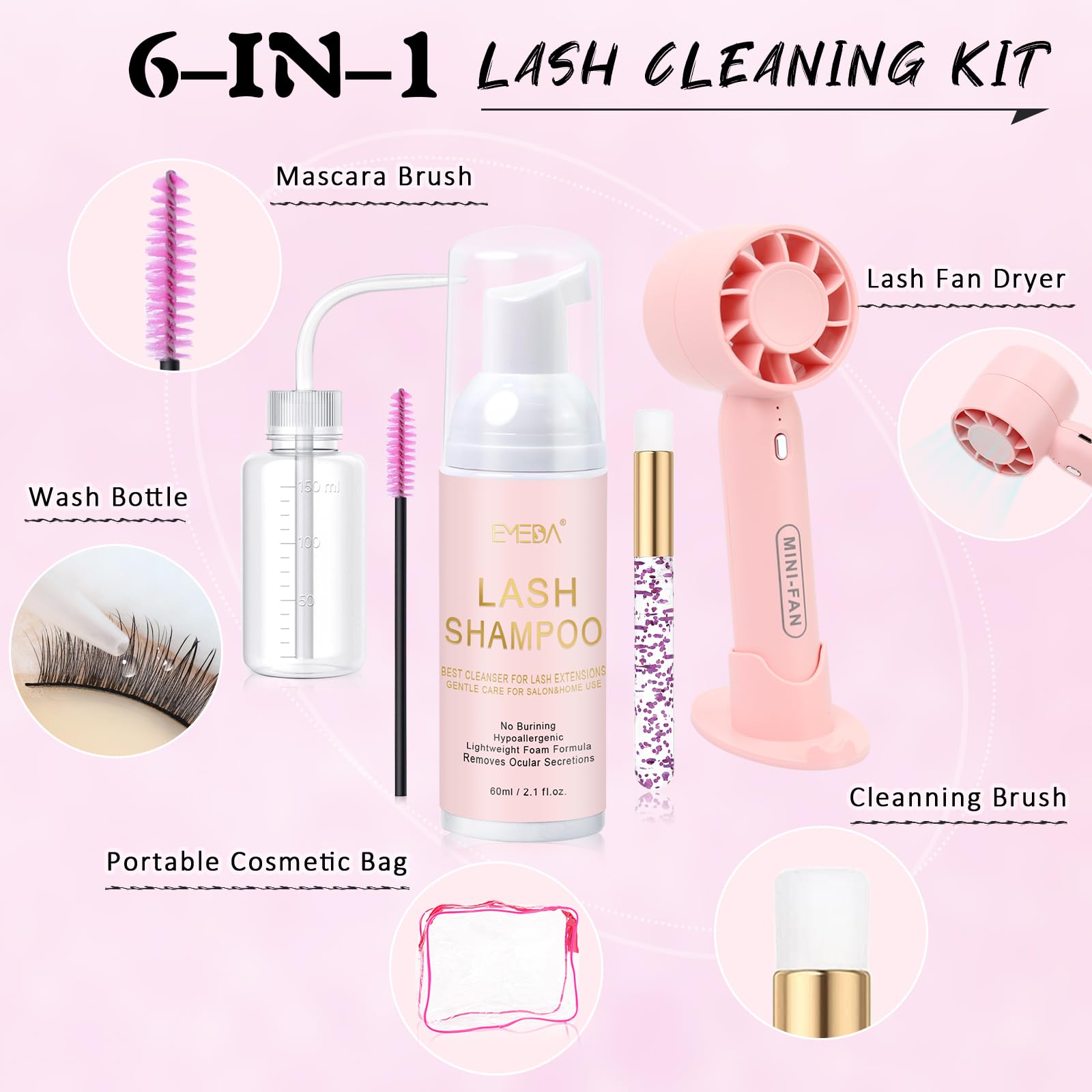 Emeda 60ml oil-free lash cleanser bottle and tools